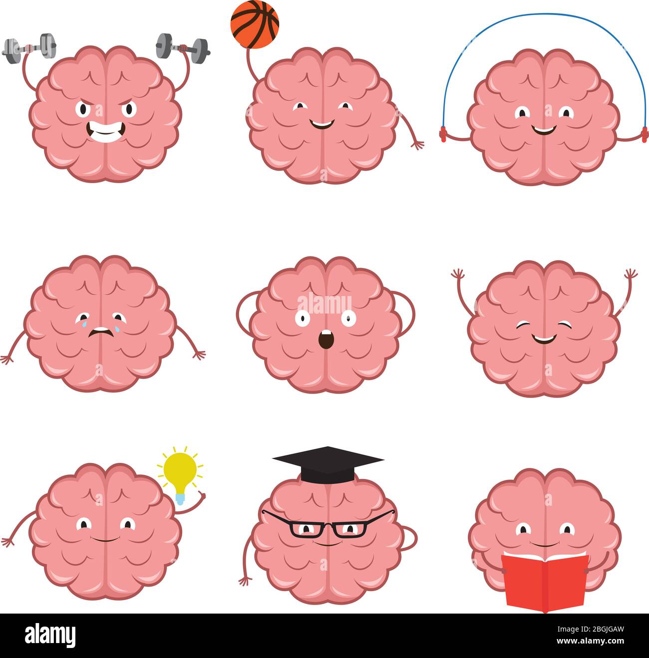 Strong, healthy, sports and smart brain vector cartoon characters set. Sport brain, workout and fitness exercise, intelligence mind train illustration Stock Vector