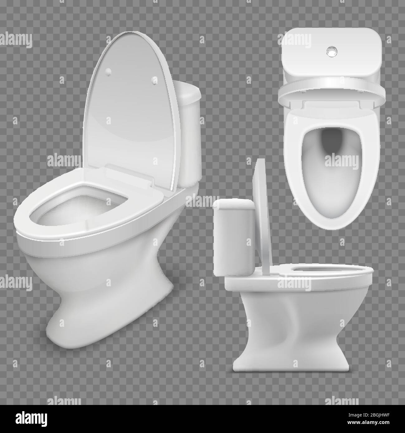 Toilet bowl. Realistic white home toilet in top and side view. Isolated vector illustration. Clean lavatory, ceramic closet for bathroom Stock Vector