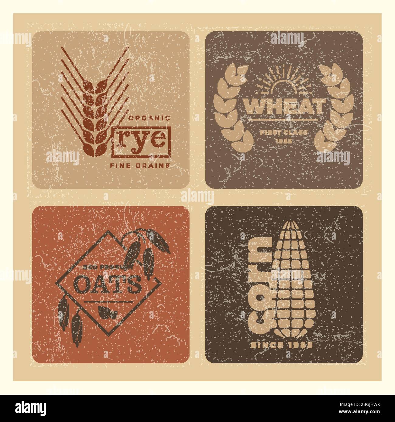 Grunge organic wheat grain farming agriculture vector logo set illustration Stock Vector