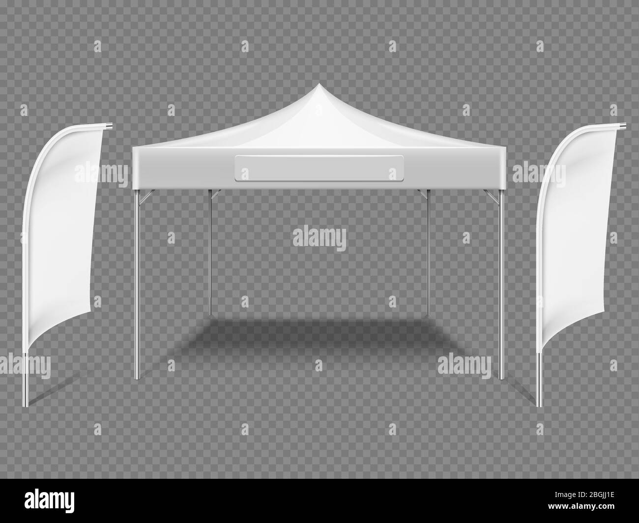 White promotional advertising outdoor event tent with beach flags. 3d realistic vector mock up isolated on transparent background. Illustration of marquee folding, tent outdoor Stock Vector