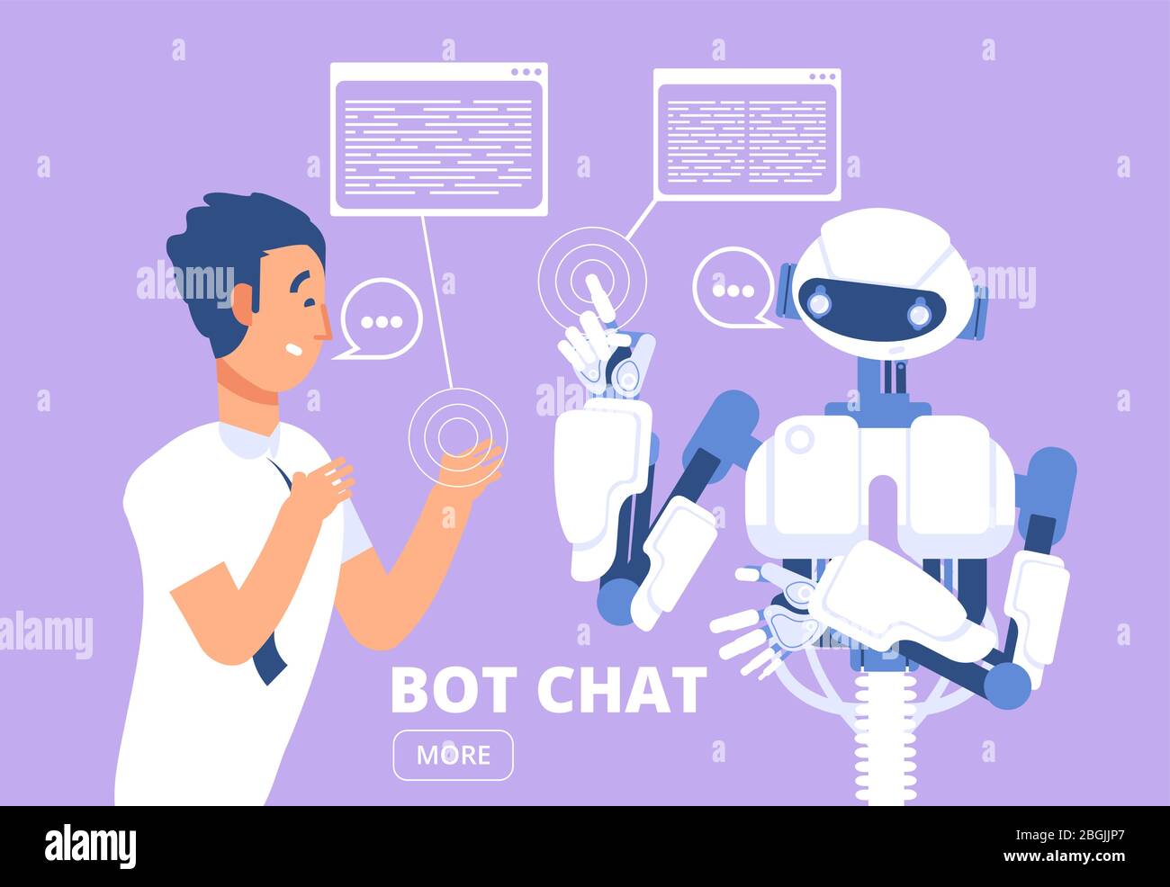 Chatbot concept. Man chatting with chat bot. Customer support service vector illustration. Chat with robot, service communication support Stock Vector
