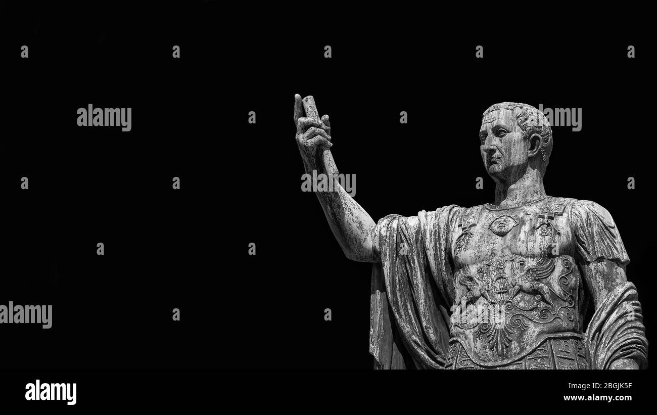 Caesar Augustus Nerva Emperor of Ancient Rome bronze statue in Imperial Forum (Black and White with copy space) Stock Photo