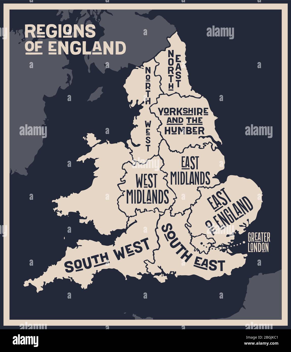 Poster map of regions of England Stock Vector