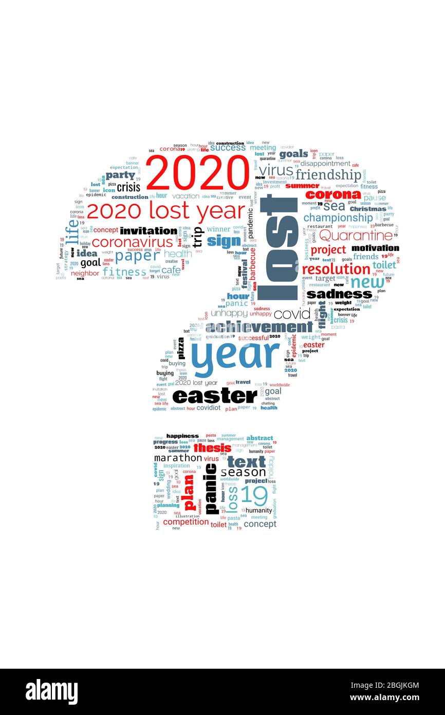 Word cloud on theme lost year 2020 in question mark on white background. Abstract concept of falling financial stock markets, lost goals and yearly plans during quarantine pandemic of coronavirus Stock Photo