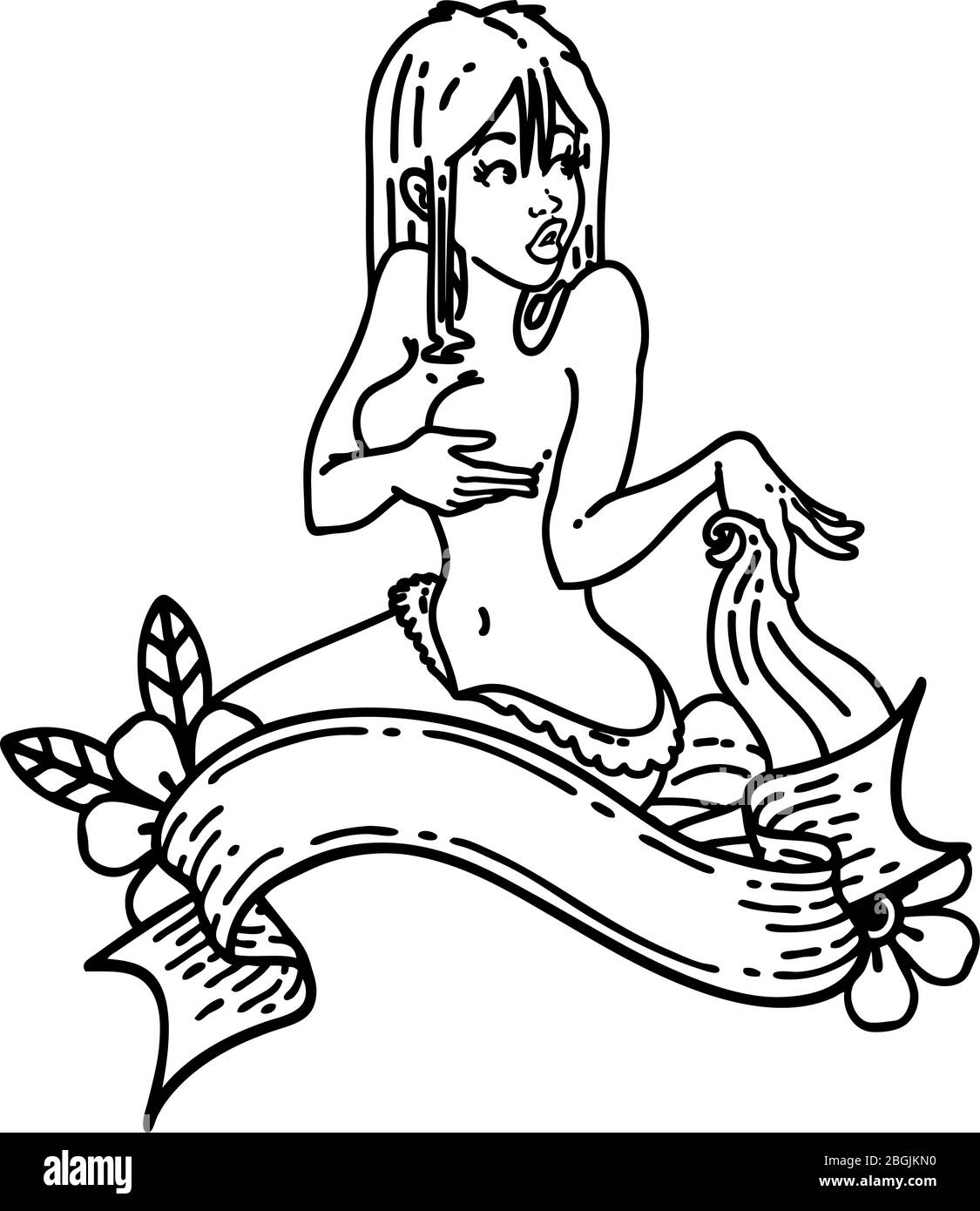 tattoo in black line style of a pinup mermaid with banner Stock Vector  Image \u0026 Art - Alamy, image size:1125x1390