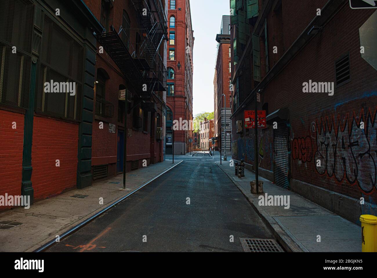 An empty street in lower Manhattan during the April 2020 COVID 19 pandemic in New York City. Stock Photo