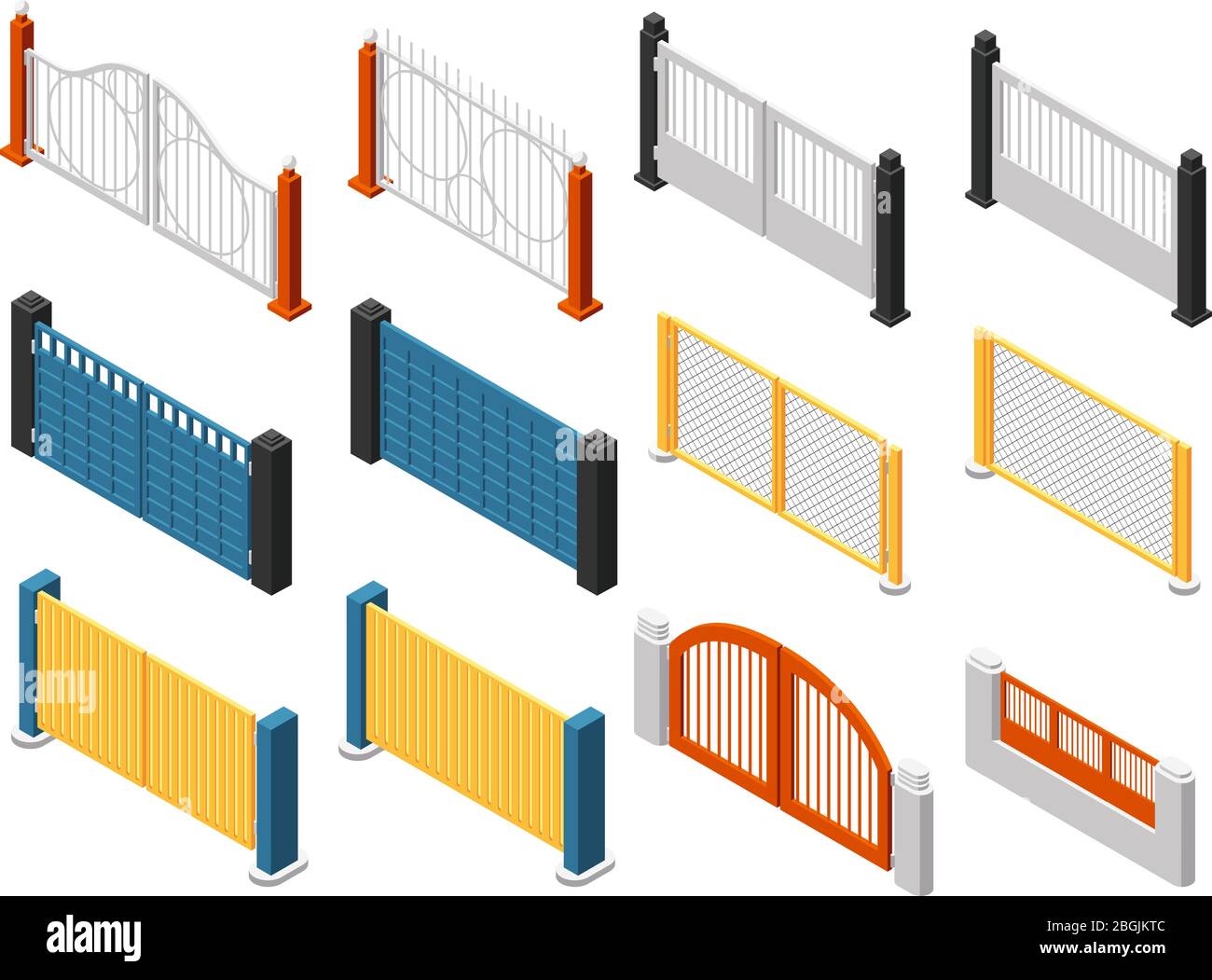 Isometric fences. Wooden fence, garden railing. Isolated 3d vector set. Railing fence border, architecture exterior wall protection illustration Stock Vector