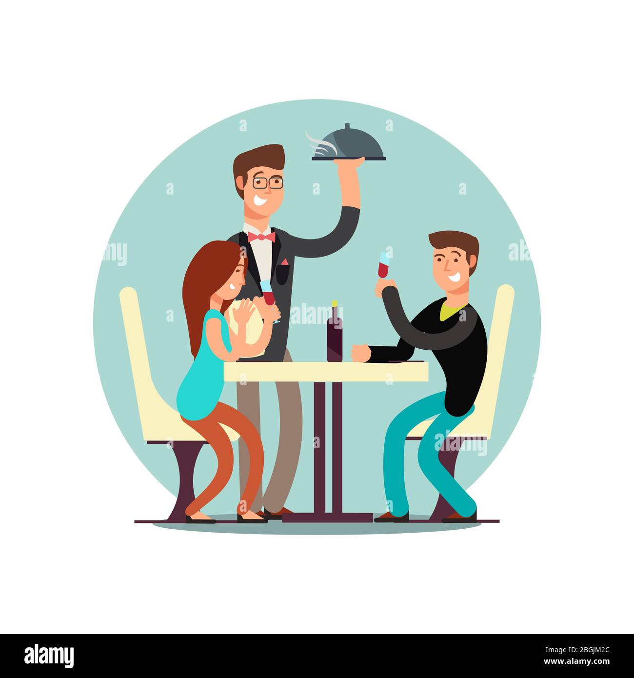 Cartoon character happy couple are dining in restaurant. Vector illustration Stock Vector