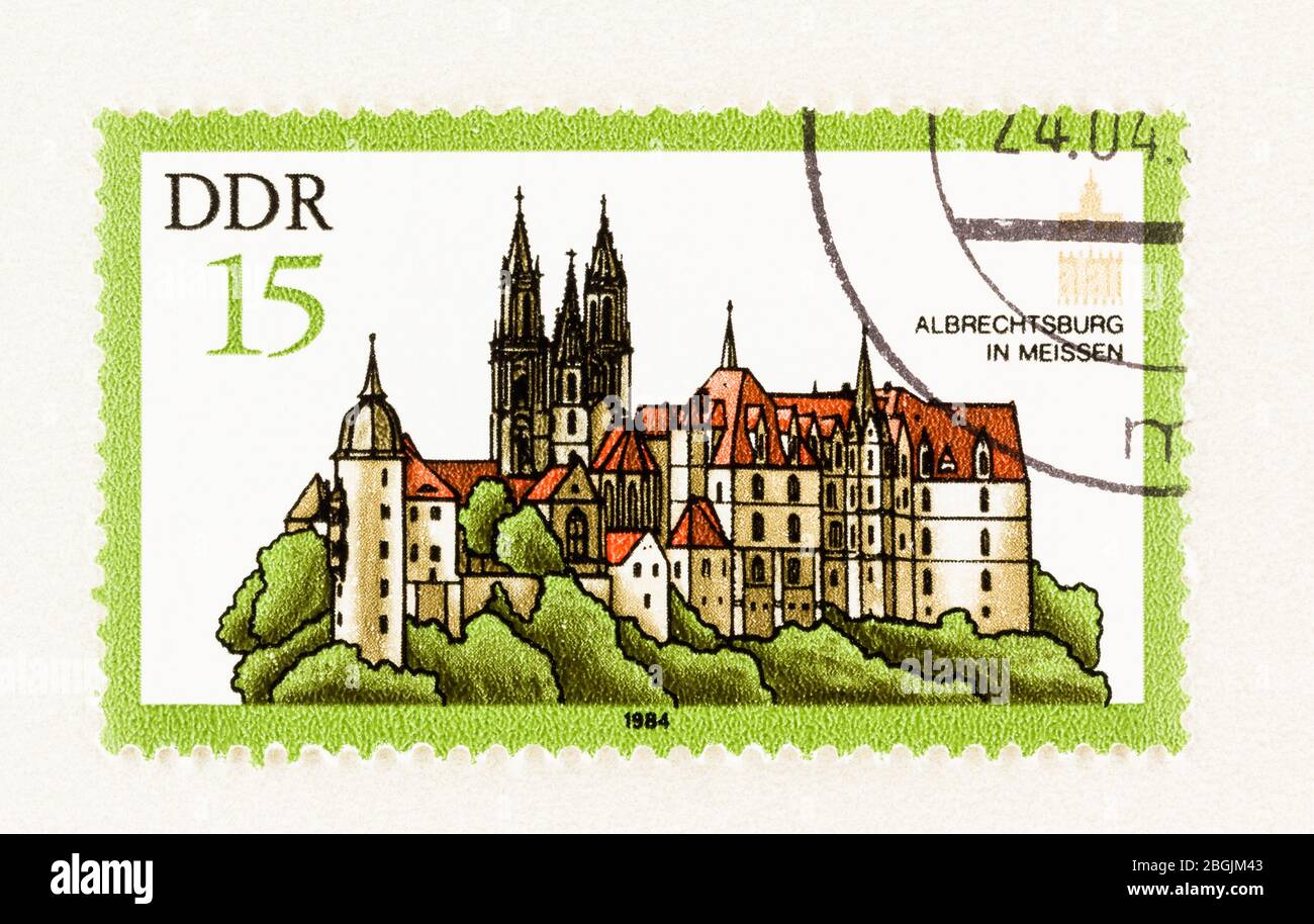 SEATTLE WASHINGTON - April 20, 2020: East Germany postage stamp featuring late Gothic Albrechtburg and Gothic Cathedral of Meissen. Scott # 2408 Stock Photo