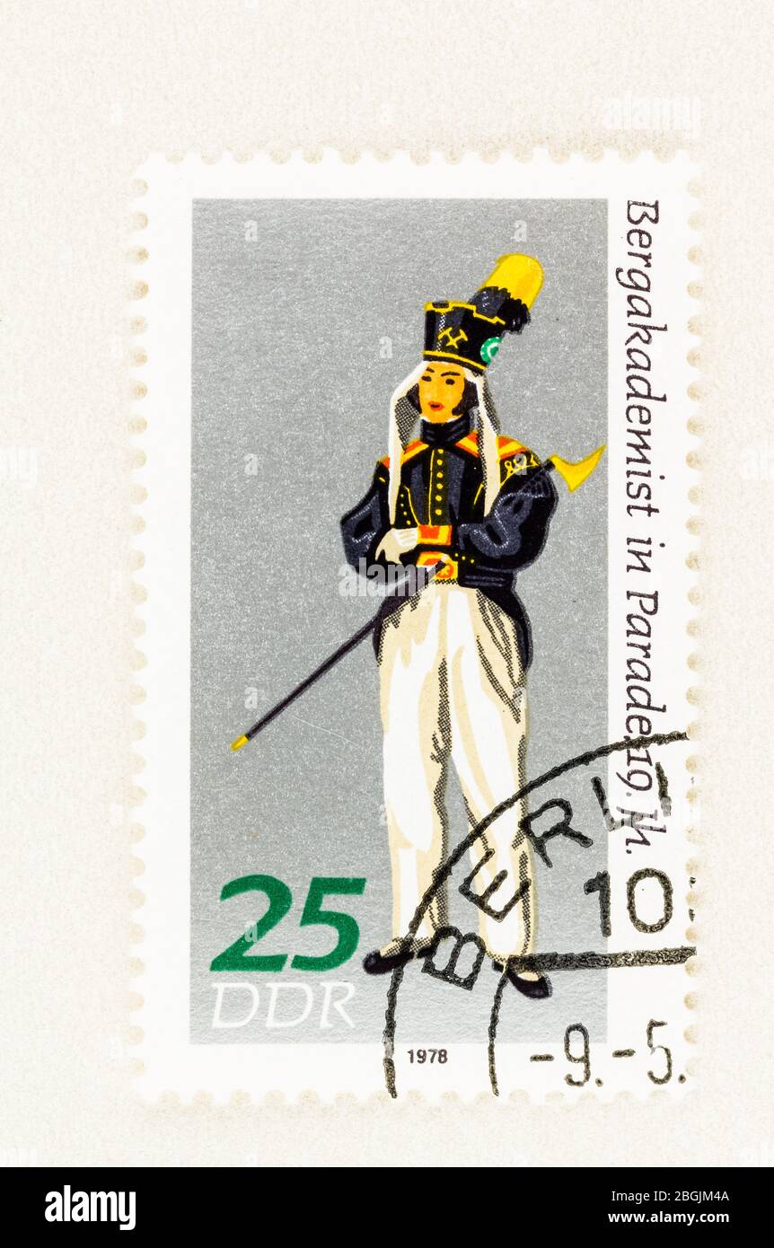 SEATTLE WASHINGTON - April 21, 2020: Close up of DDR  stamp featuring Mountain Academy parade uniform of of Mining and Metallurgy. Scott # 1908 Stock Photo