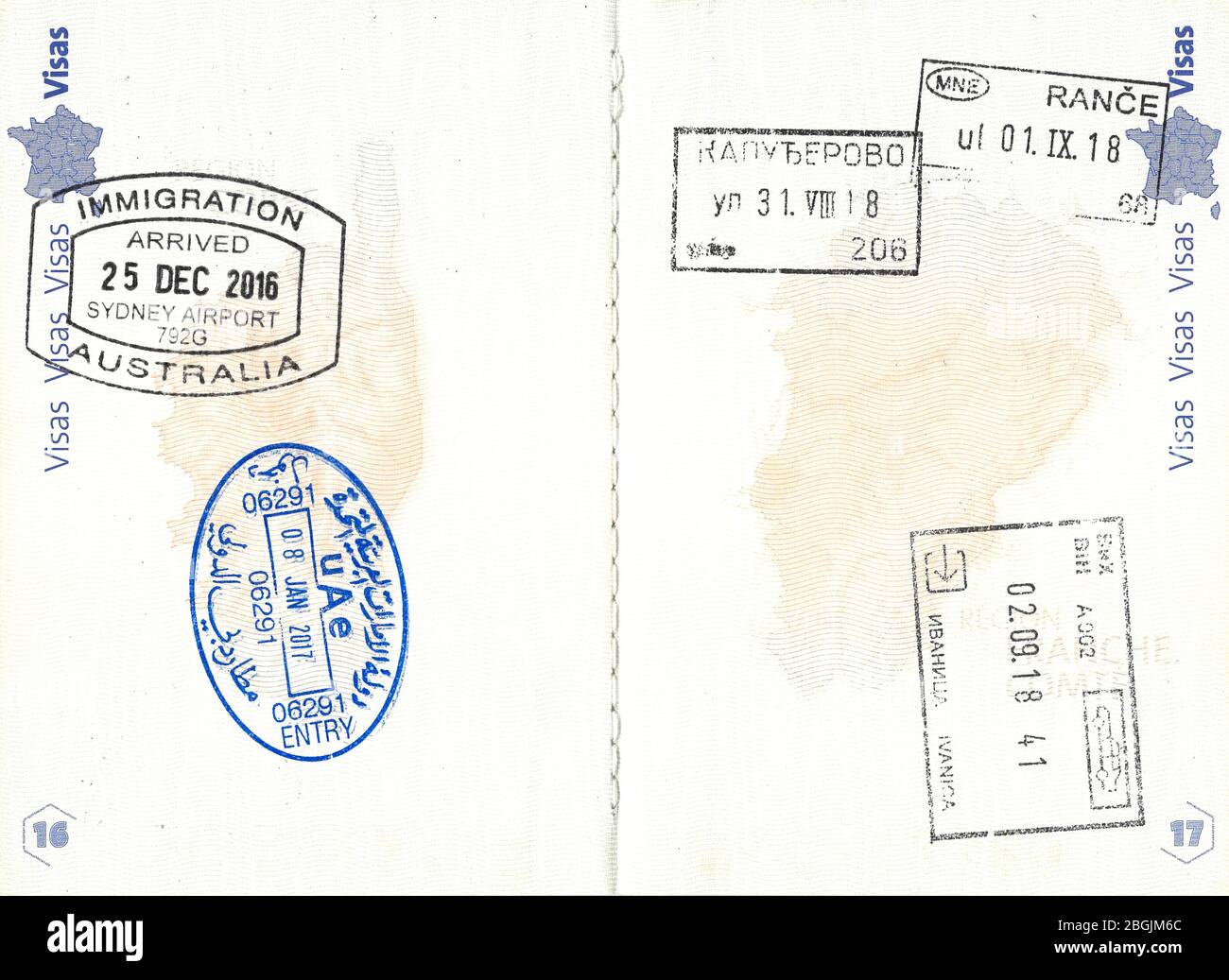 Stamps of Australia, UAE, Serbia, Montenegro and Bosnia and Herzegovina in a French passport Stock Photo