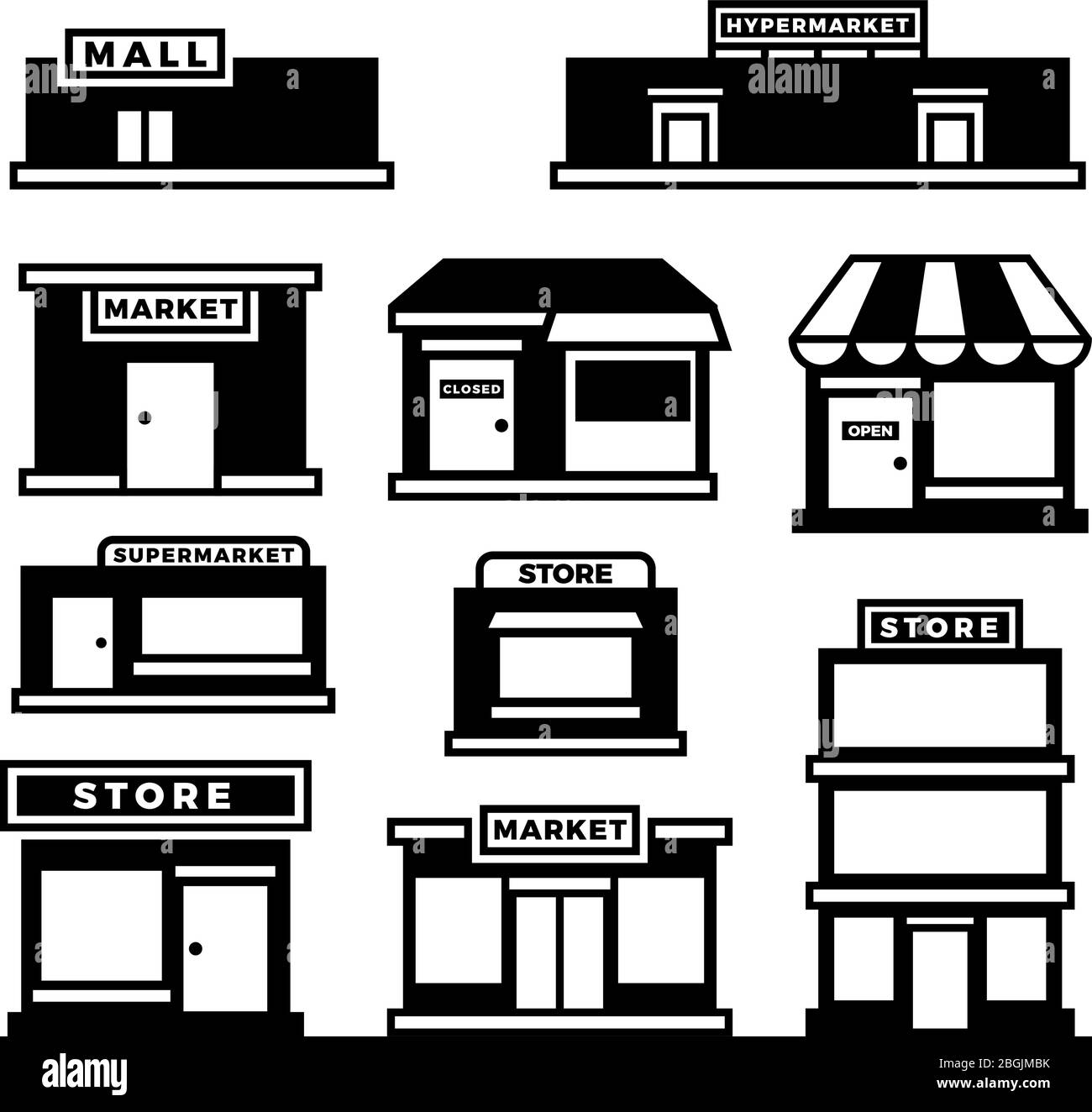 Mall and shop building icons. Shopping and retail pictograms. Supermarket, store exterior vector black symbols isolated. Monochrome building shop and store, market and retail illustration Stock Vector
