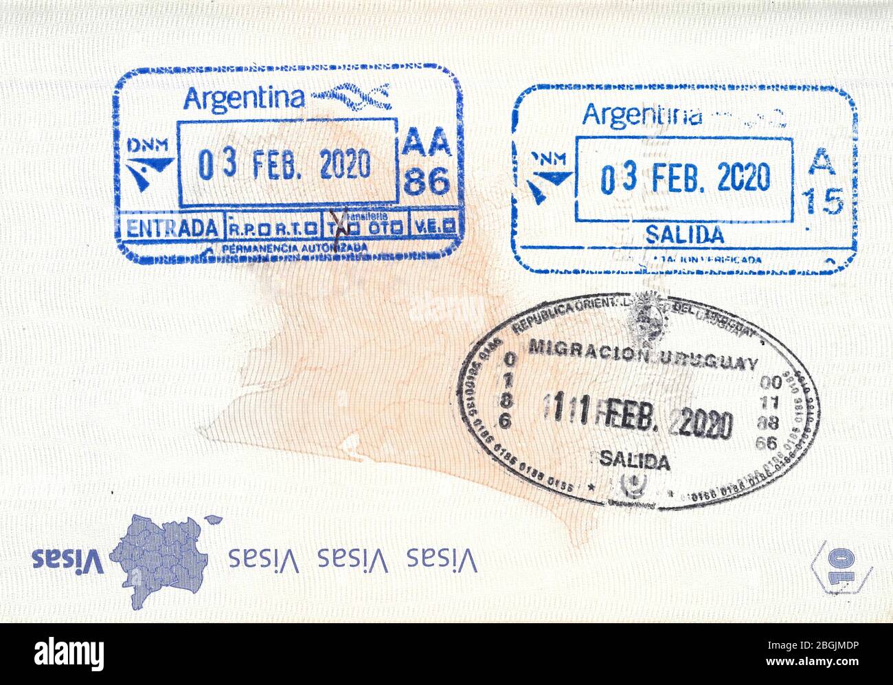 Stamps of Argentina and Uruguay in French passport Stock Photo