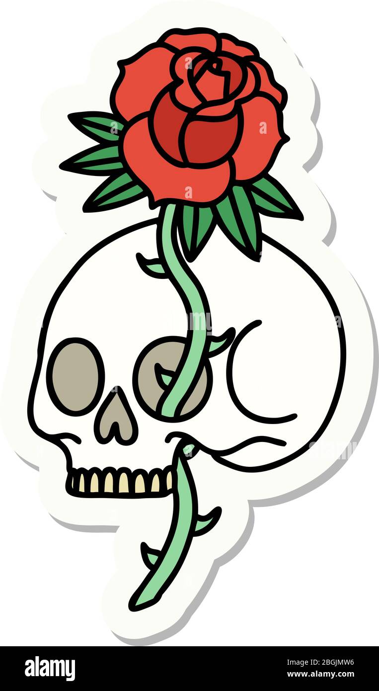 sticker of tattoo in traditional style of a skull and rose Stock Vector ...