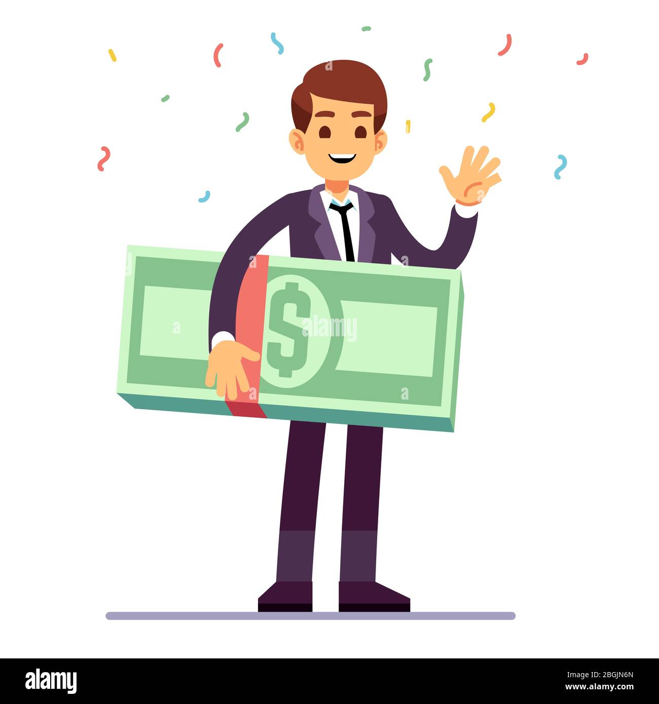 Happy teenager winner holding money dollars prize. Lottery, good luck and casino gambling vector concept. Illustration guy holding huge dollar prize Stock Vector