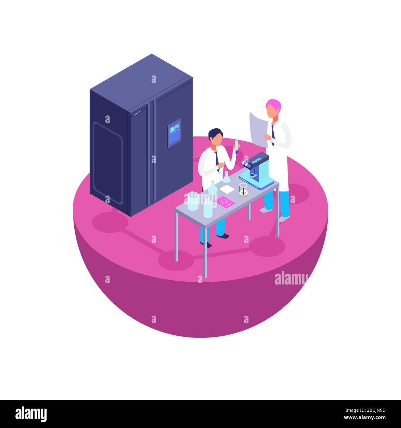 Two scientists make a laboratory experiment. Chemistry laboratory 3d isometric with laboratory equipment vector illustration Stock Vector