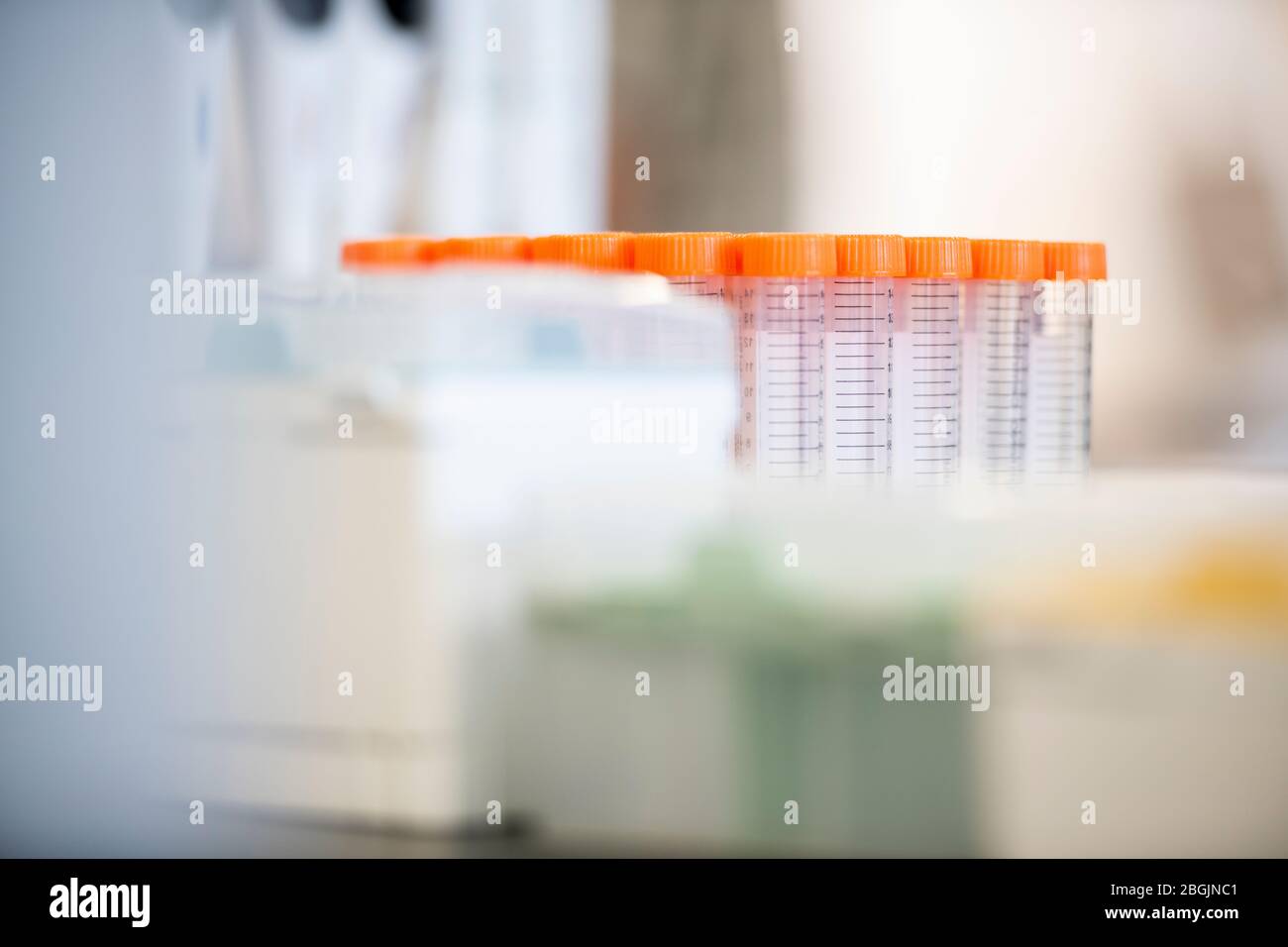 Plastic viles in a biotech science lab Stock Photo