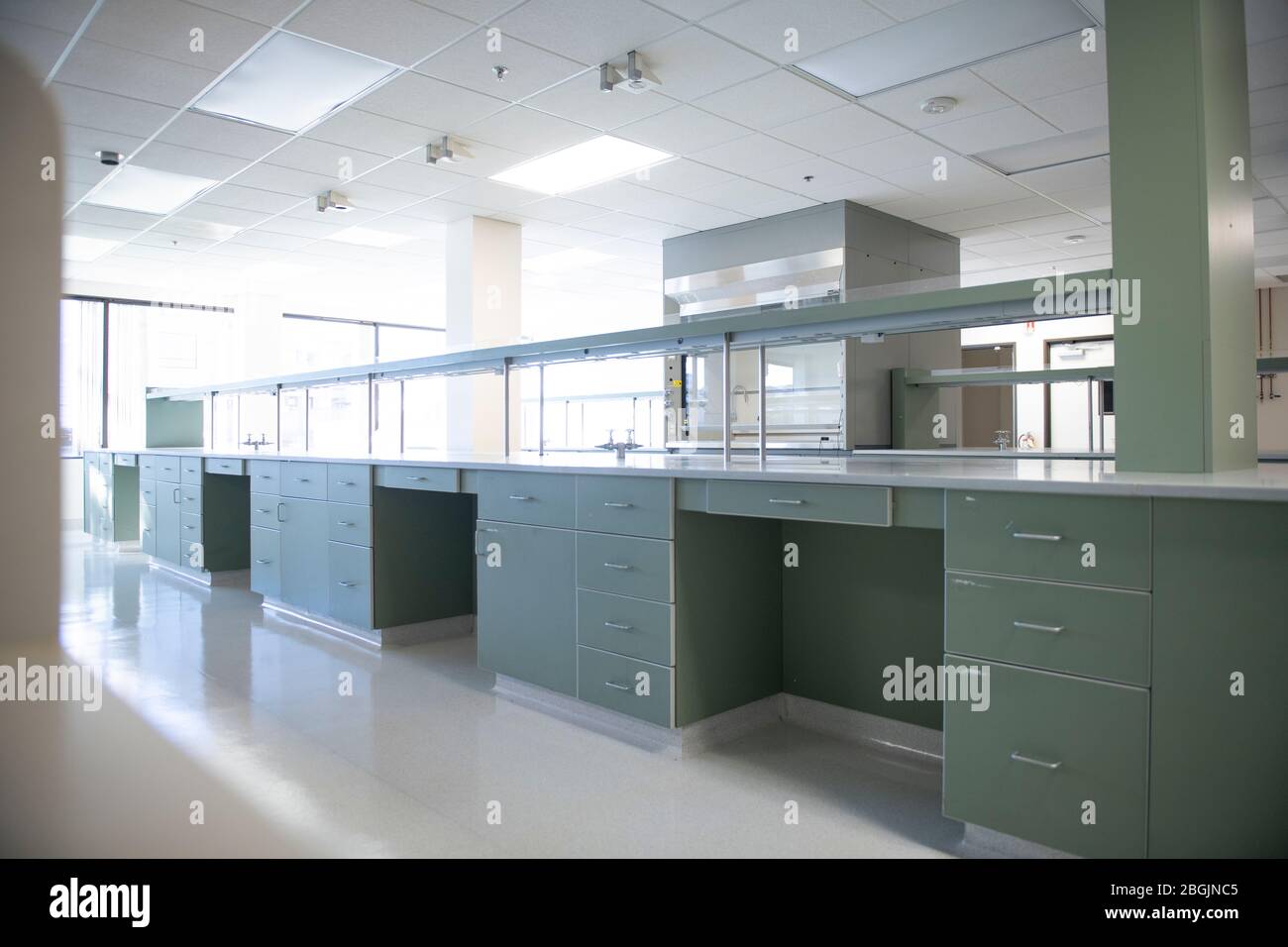 Empty biotech lab with no people and green benches Stock Photo