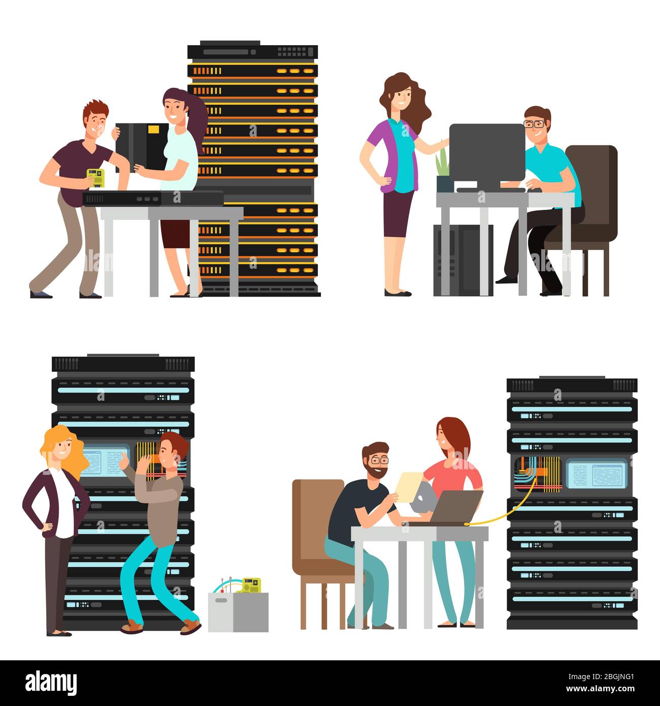 Man and woman engineers, technician working in server room. Digital computer center support. Vector illustration Stock Vector