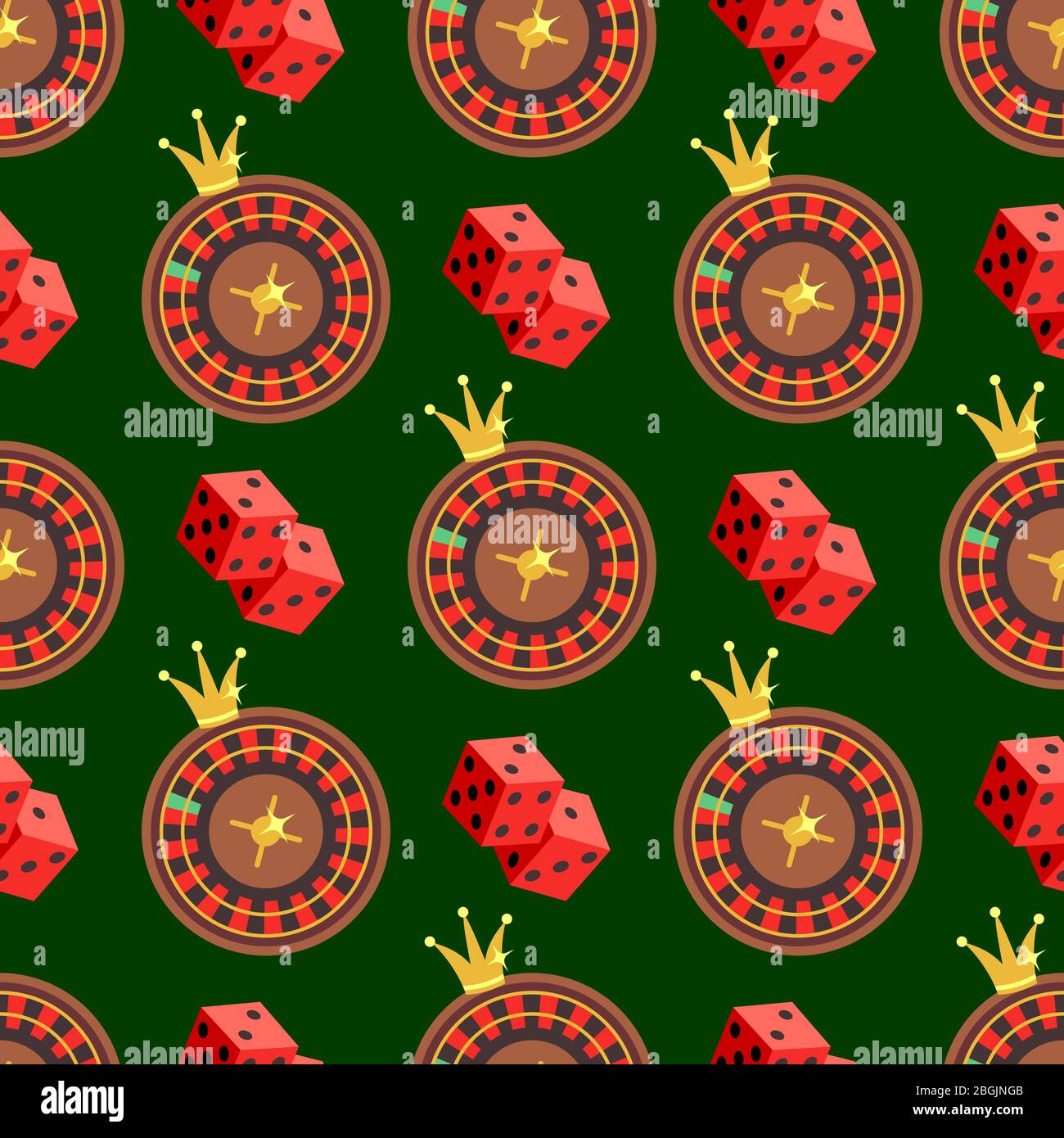 Casino and poker seamless pattern with dice and roulette on green. Vector illustration Stock Vector