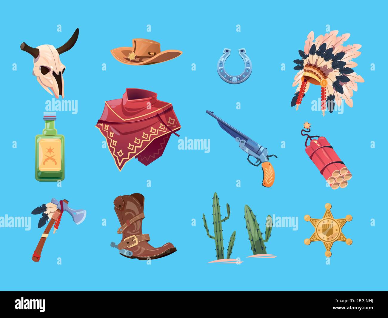 Wild west cartoon set. Cowboy boots, hat and gun. Bull skull, indian war bonnet and tomahawk. Isolated vector collection. Illustration of dynamite and cowboy, star badge american, revolver weapon Stock Vector
