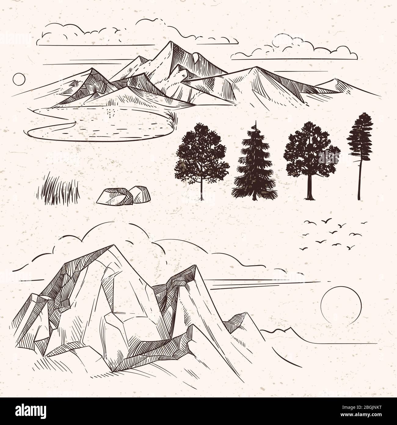 Hand drawing mountain range, peaks clouds, sun and forest trees on dirty grunge background. Vector illustration Stock Vector