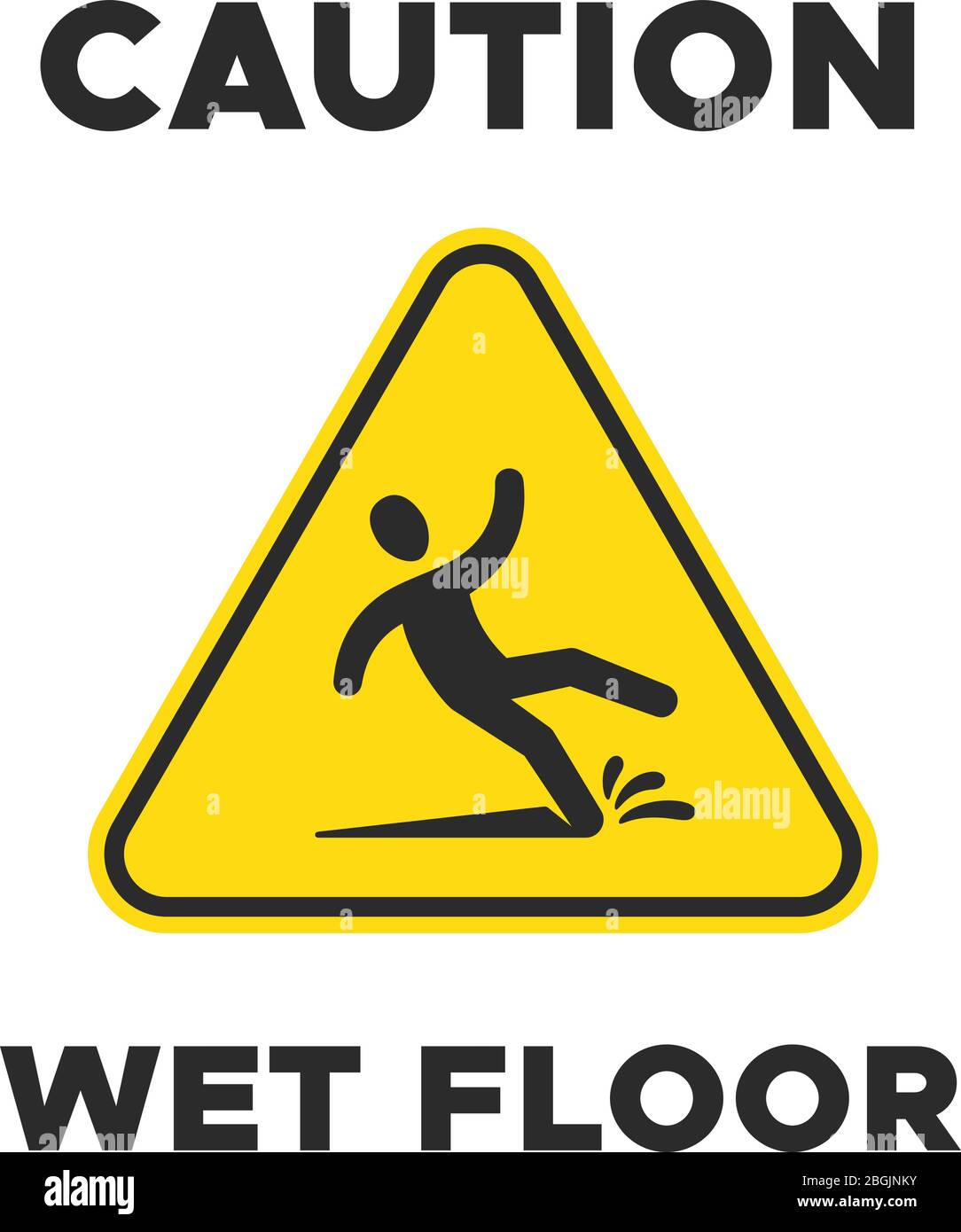 Wet floor yellow sign with falling person pictogram. Man slipping vector caution icon on whit background Stock Vector
