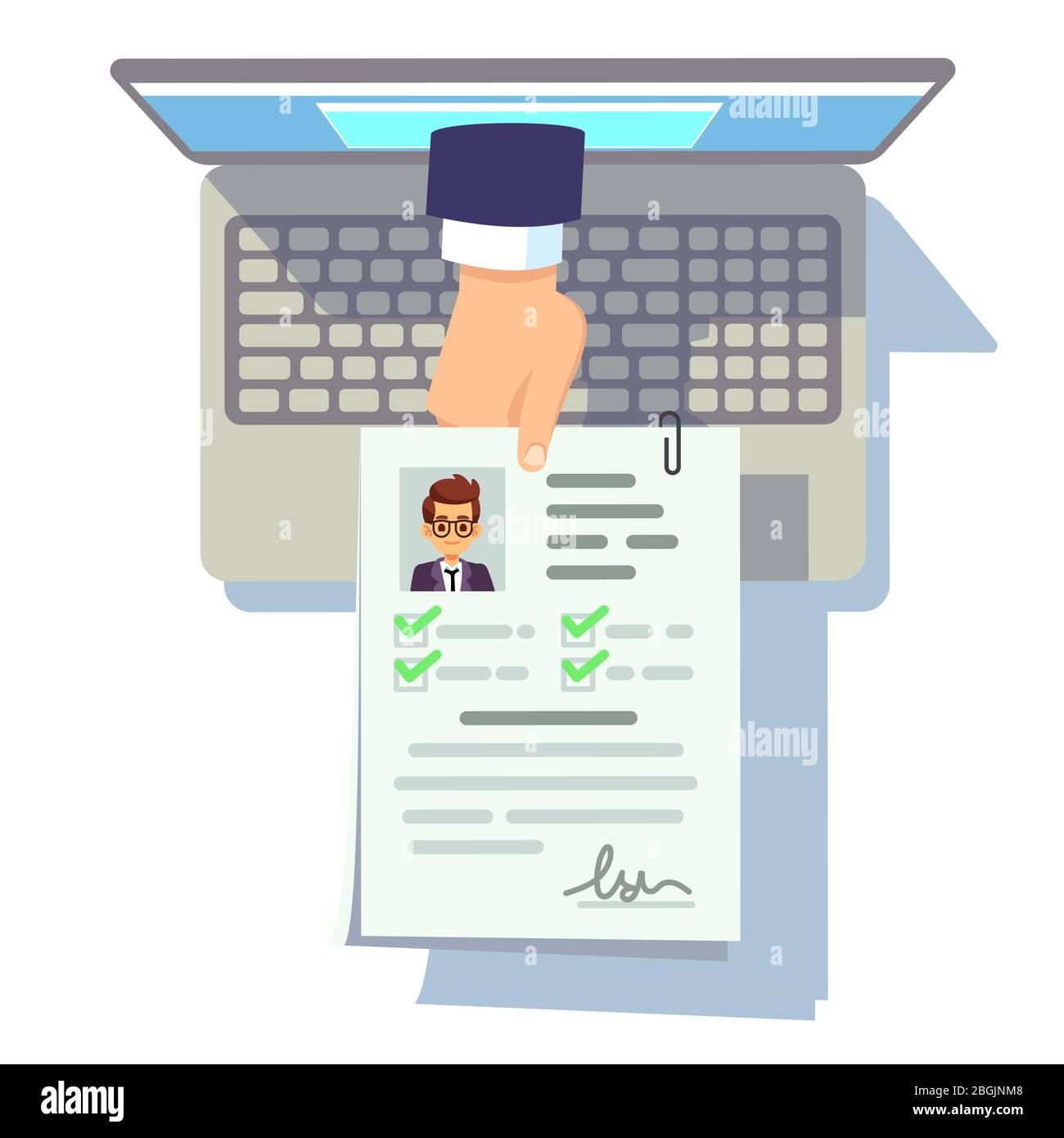Online cv application. Resume submission on laptop screen, recruitment and career management vector concept. Online job, candidate application resume illustration Stock Vector