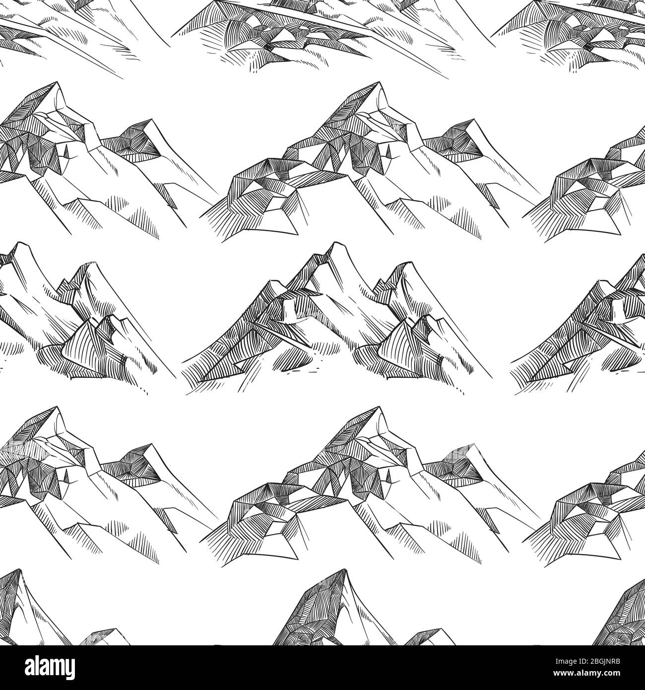 Pencil sketched mountains seamless pattern monochrome black background. Vector illustration Stock Vector