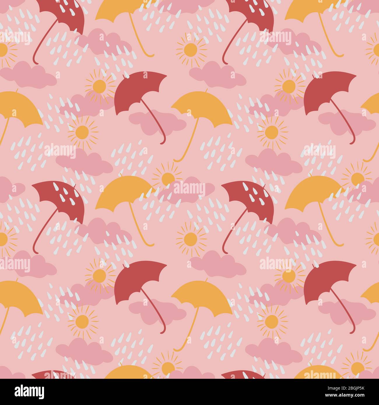 umbrellas, clouds, rain, and suns seamless vector pattern Stock Vector