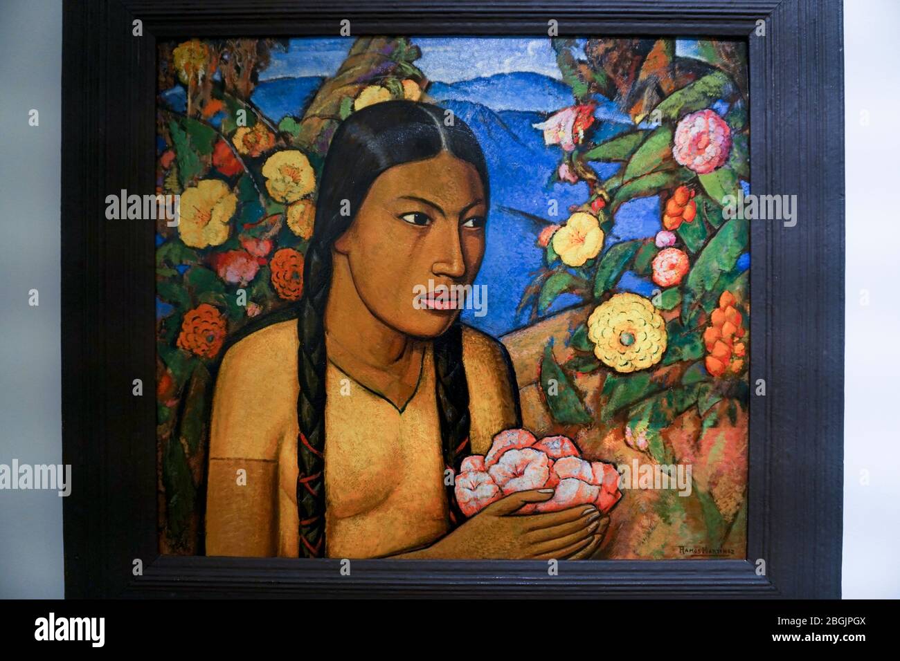 'Juanita Among the Flowers' oil on paper by Alfredo Ramos Martinez, in the  Soumaya Museum (Museo Soumaya) in Mexico City, Mexico. Stock Photo