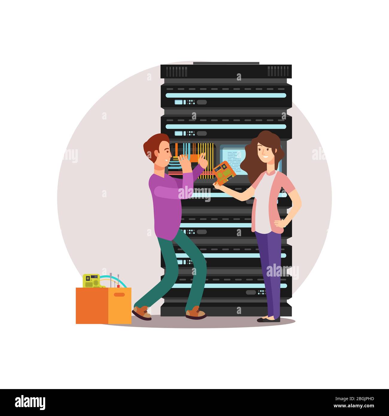 Cartoon characters male and female computer engineers. Server administrators working together. Vector illustration Stock Vector