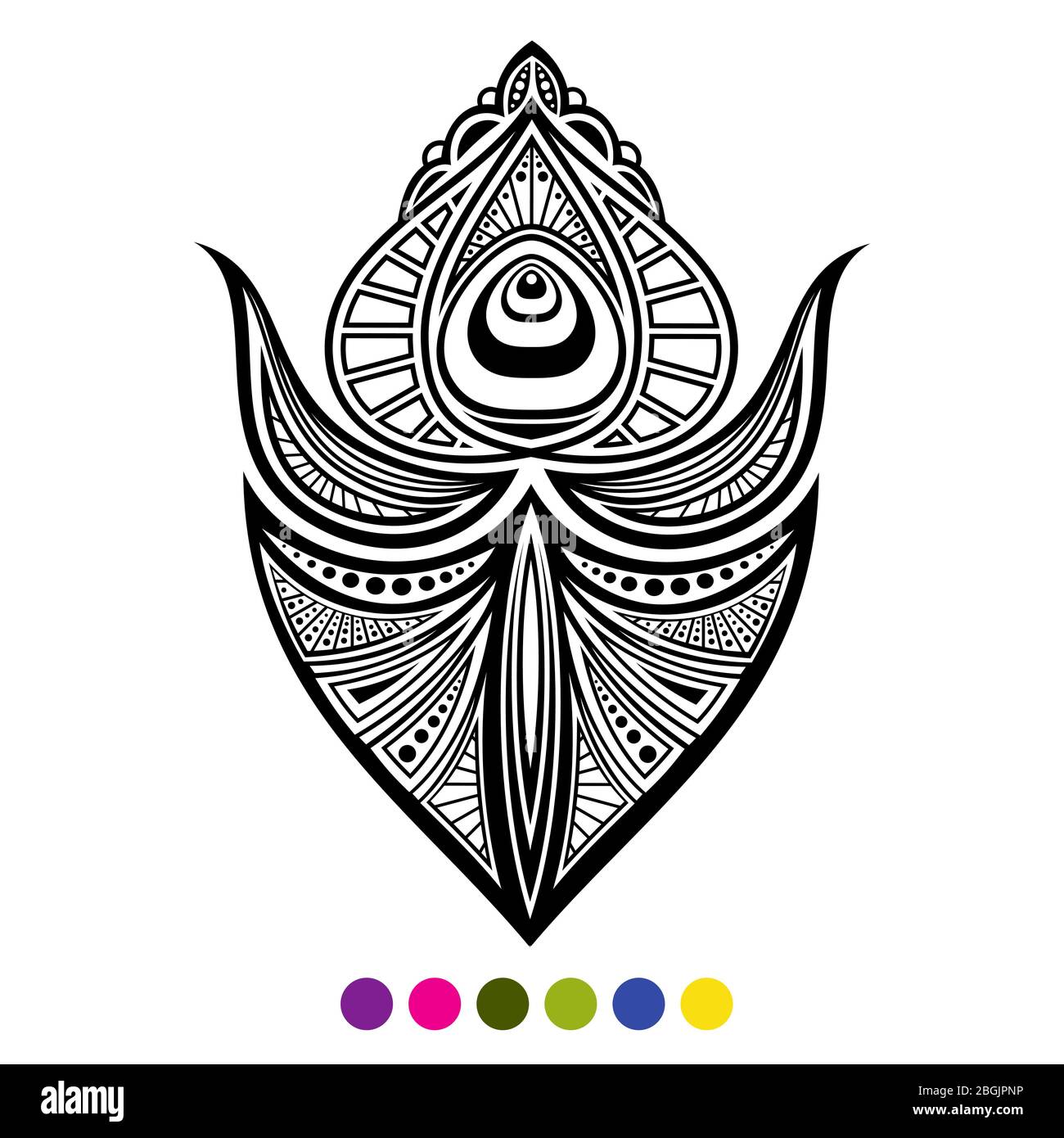 Black and white peacock bird feather isolated on white background. Vector feather coloring page design illustration Stock Vector
