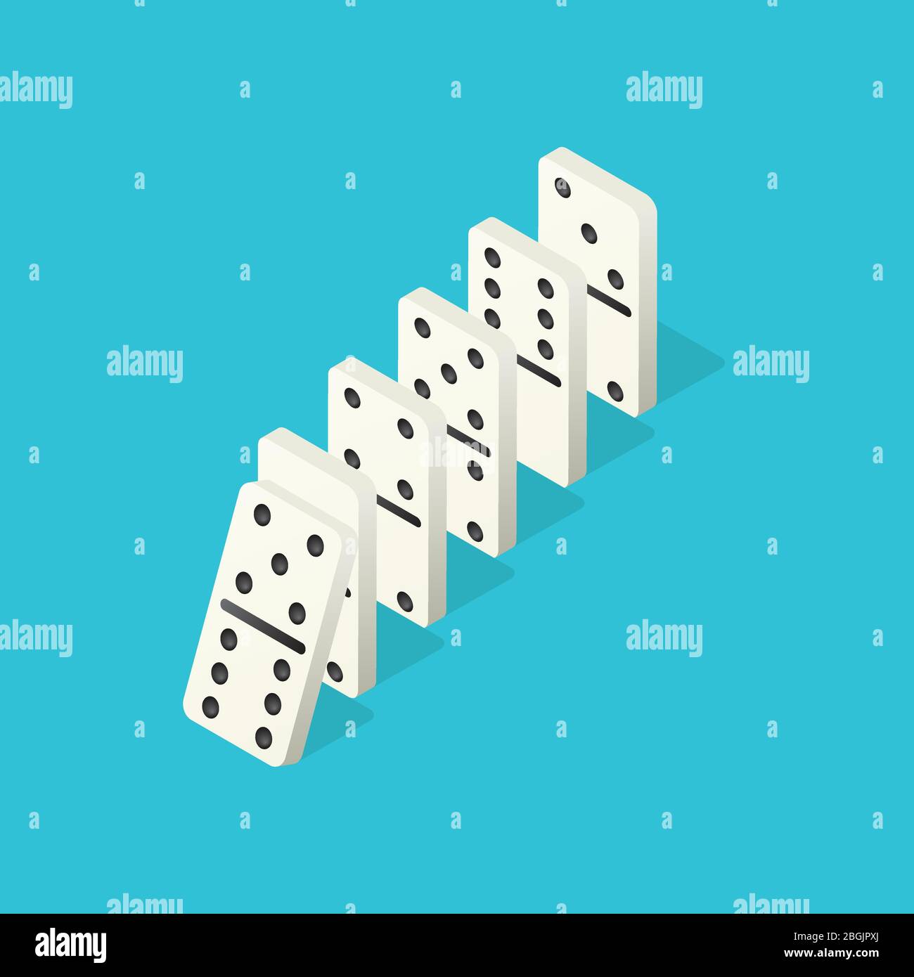 Falling dominoes. Domino effect, chain reaction and disaster business
