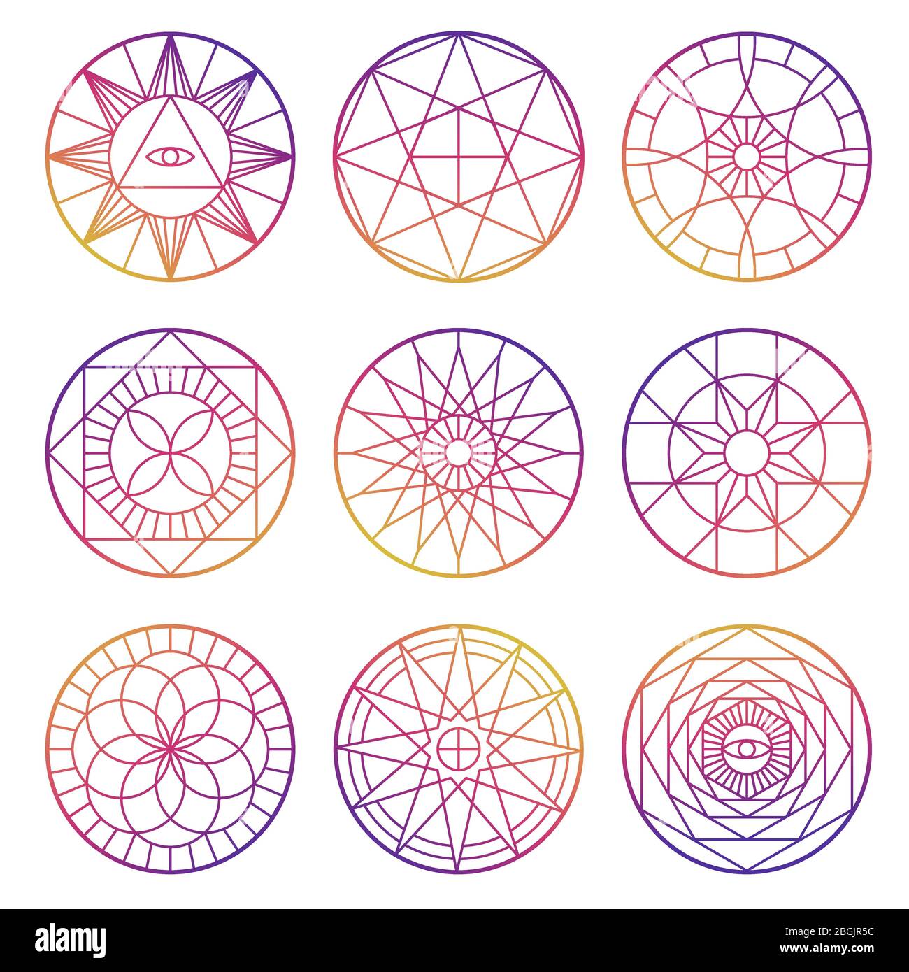 Set of colorful esoteric geometric pentagrams vector design isolated illustration Stock Vector