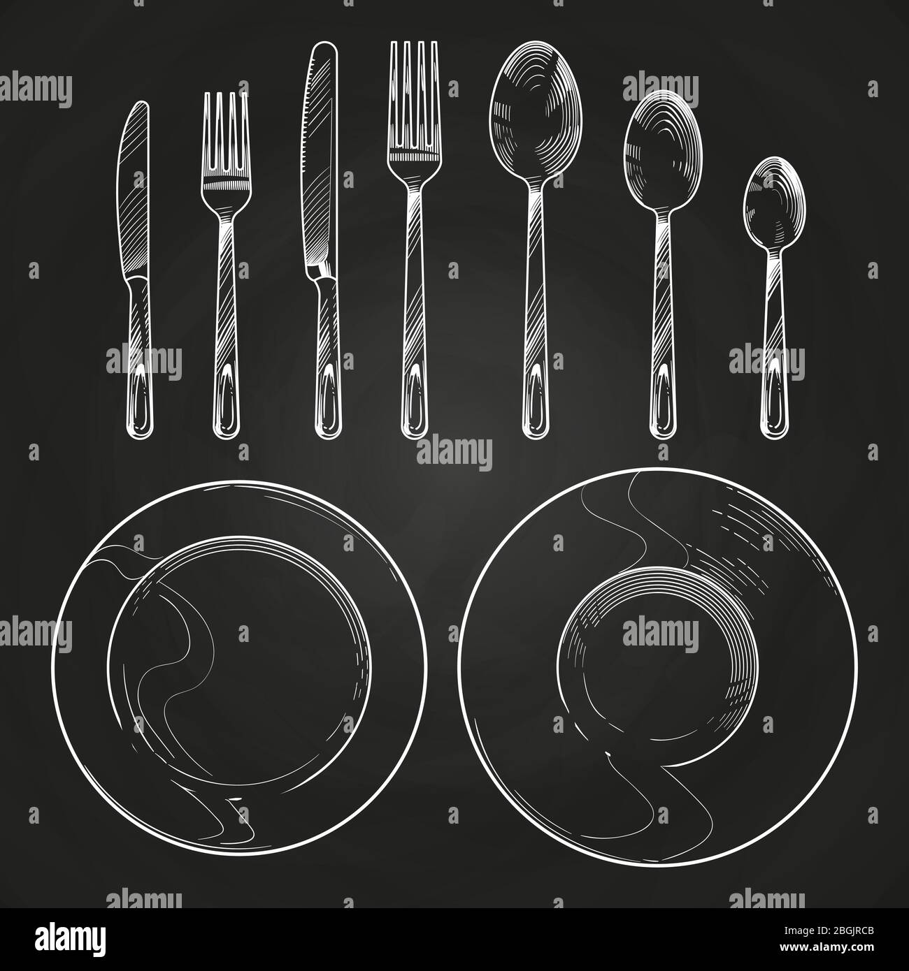 Vintage knife, fork, spoon and dishes in sketch engraving style. Hand drawing cutlery isolated on blackboard. Vector illustration Stock Vector