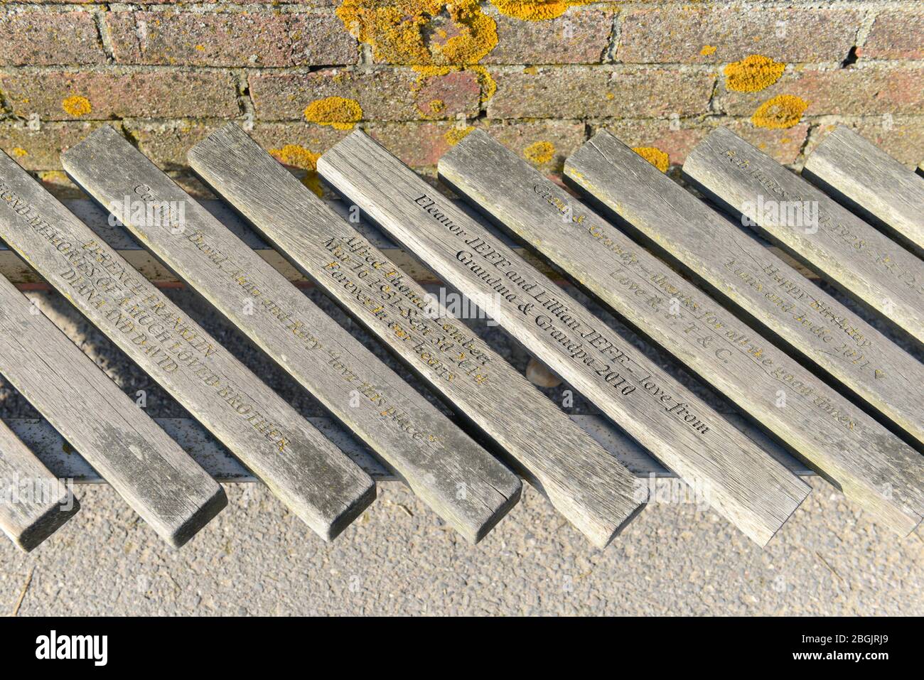 A small section of Britain's longest bench, the 324 m long bench on Littlehampton seafront in West Sussex, UK Stock Photo