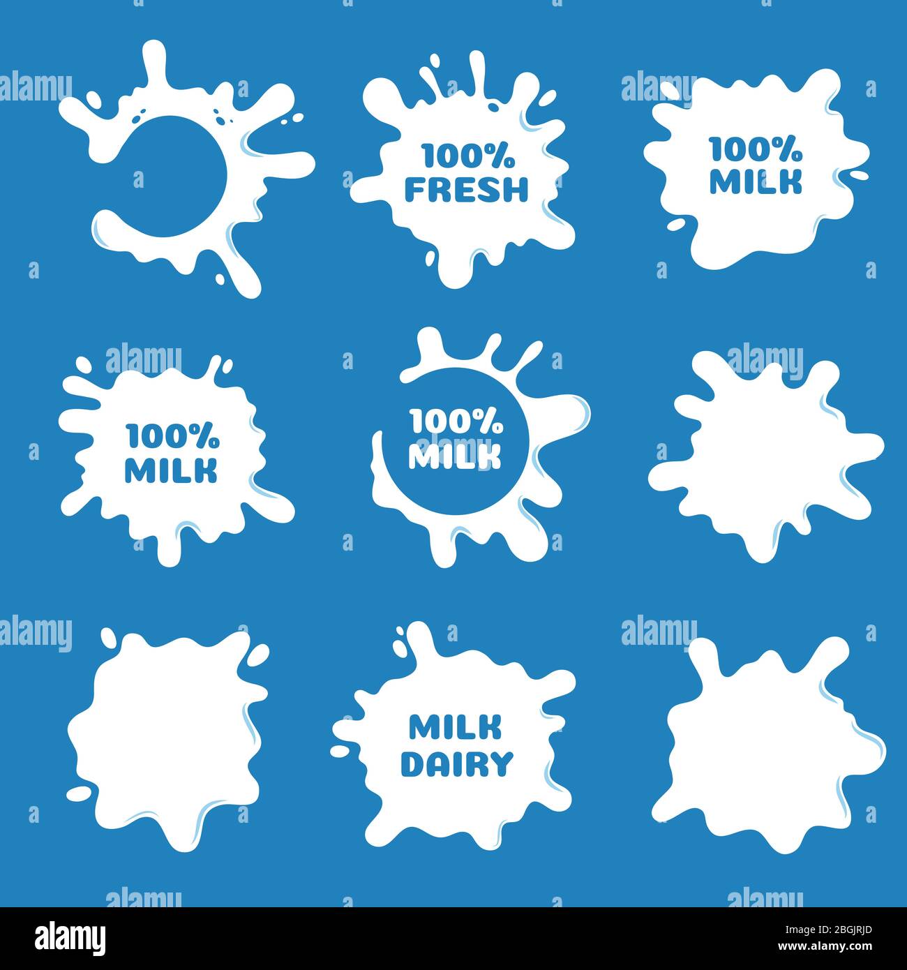 White milk, yogurt and cream splash and blot shapes. Natural dairy product vector labels isolated. Illustration of product yogurt liquid, blot label Stock Vector