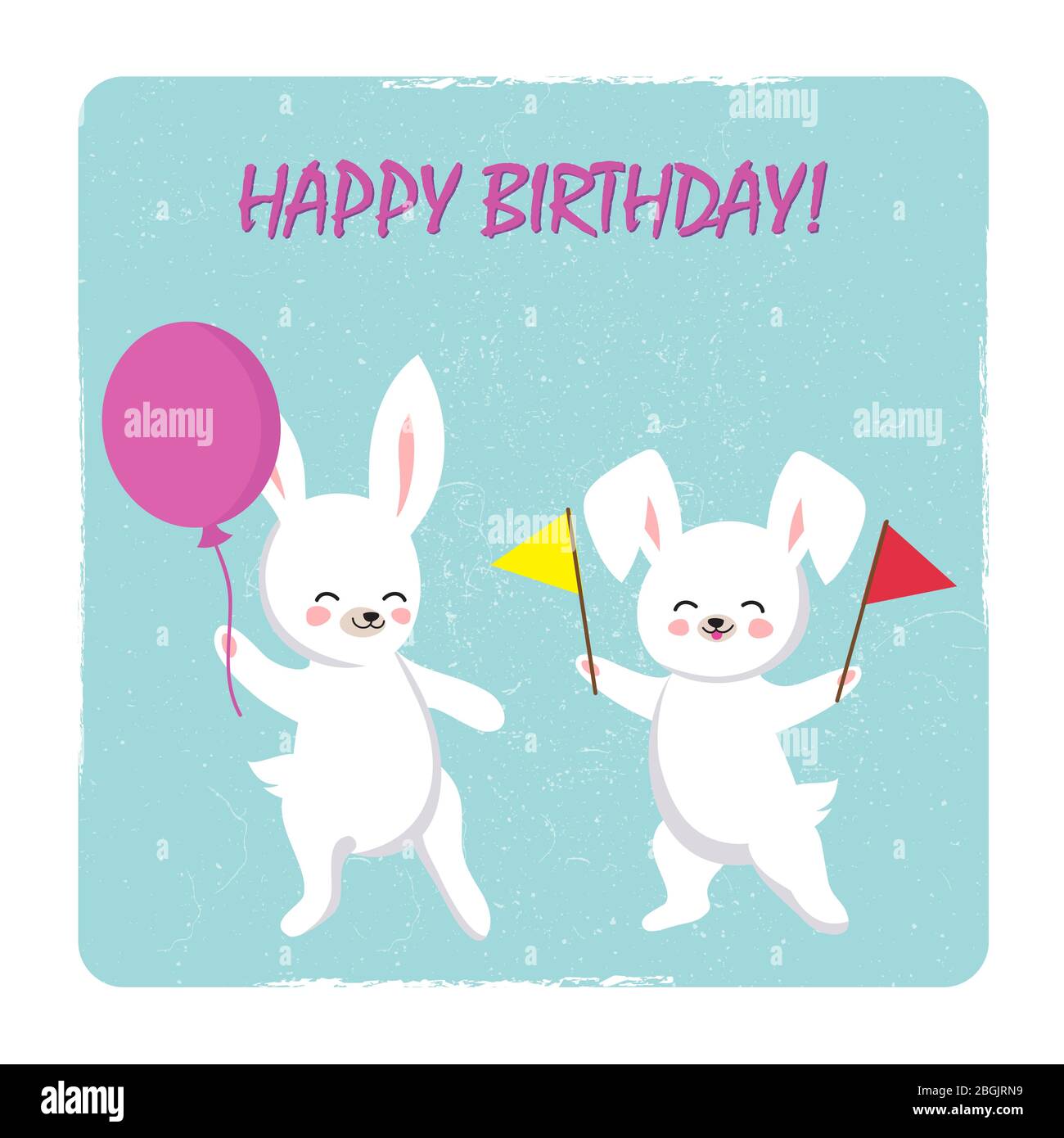 Birthday postcard template with two happy bunnies with balloon and flags. Vector banner poster illustration Stock Vector