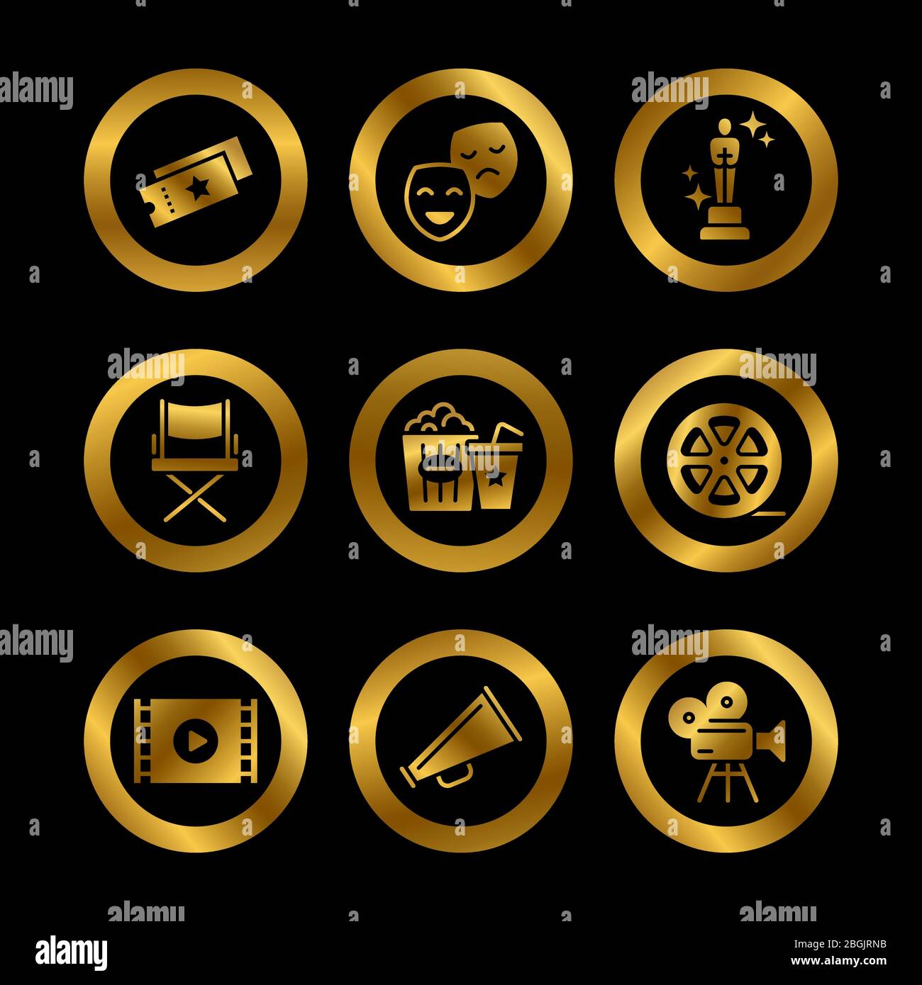 Golden hollywood movie, theater performance and entertainment vector icons illustration Stock Vector