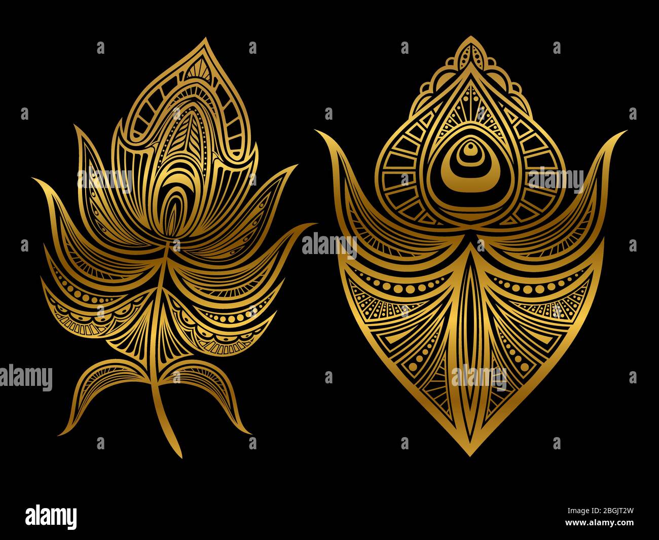 Golden abstract feathers of set isolated on black background. Vector illustration Stock Vector