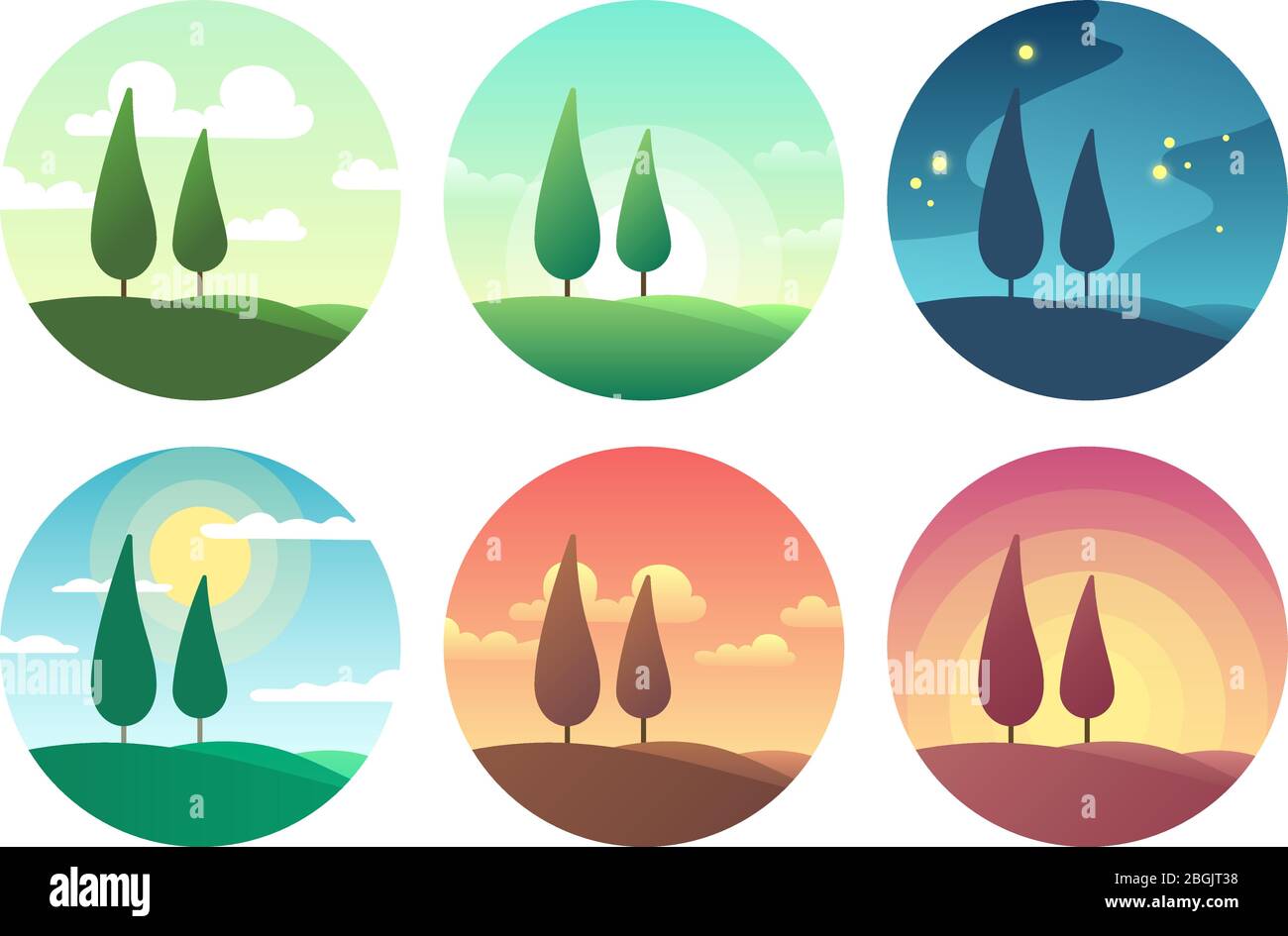 Beautiful summer landscape at different times of day. Sunrise morning, sunny day, sunset evening and starry night vector icons. Sunrise and sunburst, sunshine lighting morning coolection of icons Stock Vector