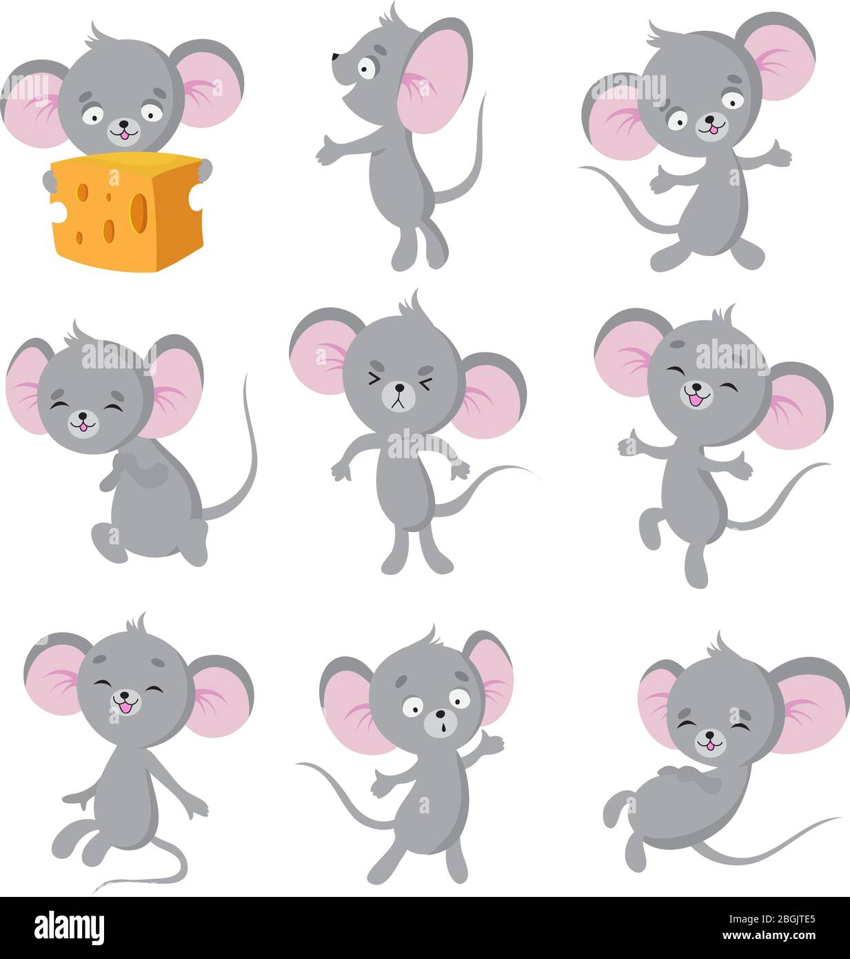 Cartoon mouse. Gray mice in different poses. Cute wild rat animal vector characters. Wild cute mouse and rat, rodent mascot illustration Stock Vector