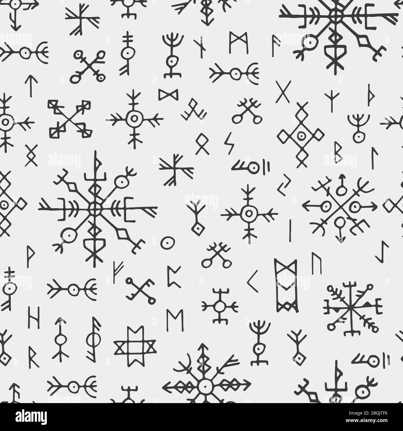 Futhark norse viking runes and talismans. Nordic pagan awe seamless vector pattern. Norse viking symbol, magic pattern scandinavian illustration Stock Vector