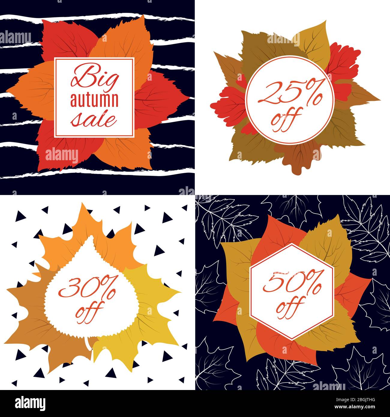 Autumn sale. Fall leaves with discount. Advertising shopping tags. Isolated vector set of discount tag, autumn poster with leaf illustration Stock Vector