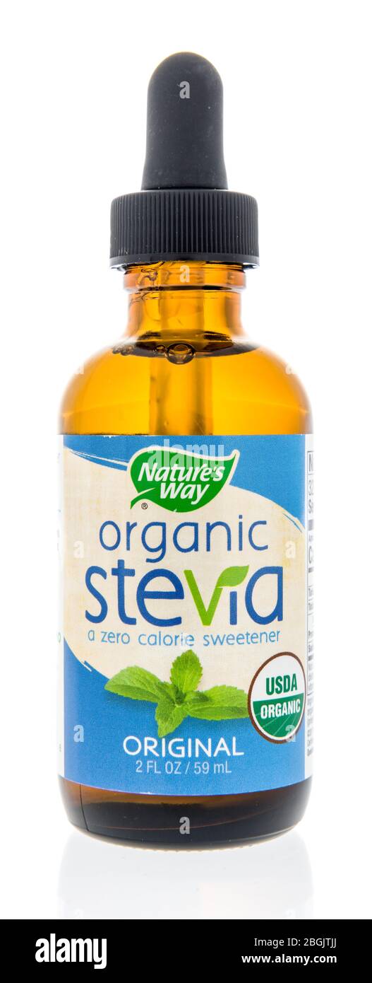 Winneconne,  WI - 21 April 2020:  A bottle of Natures Way organic stevia natural sweetener blend on an isolated background. Stock Photo