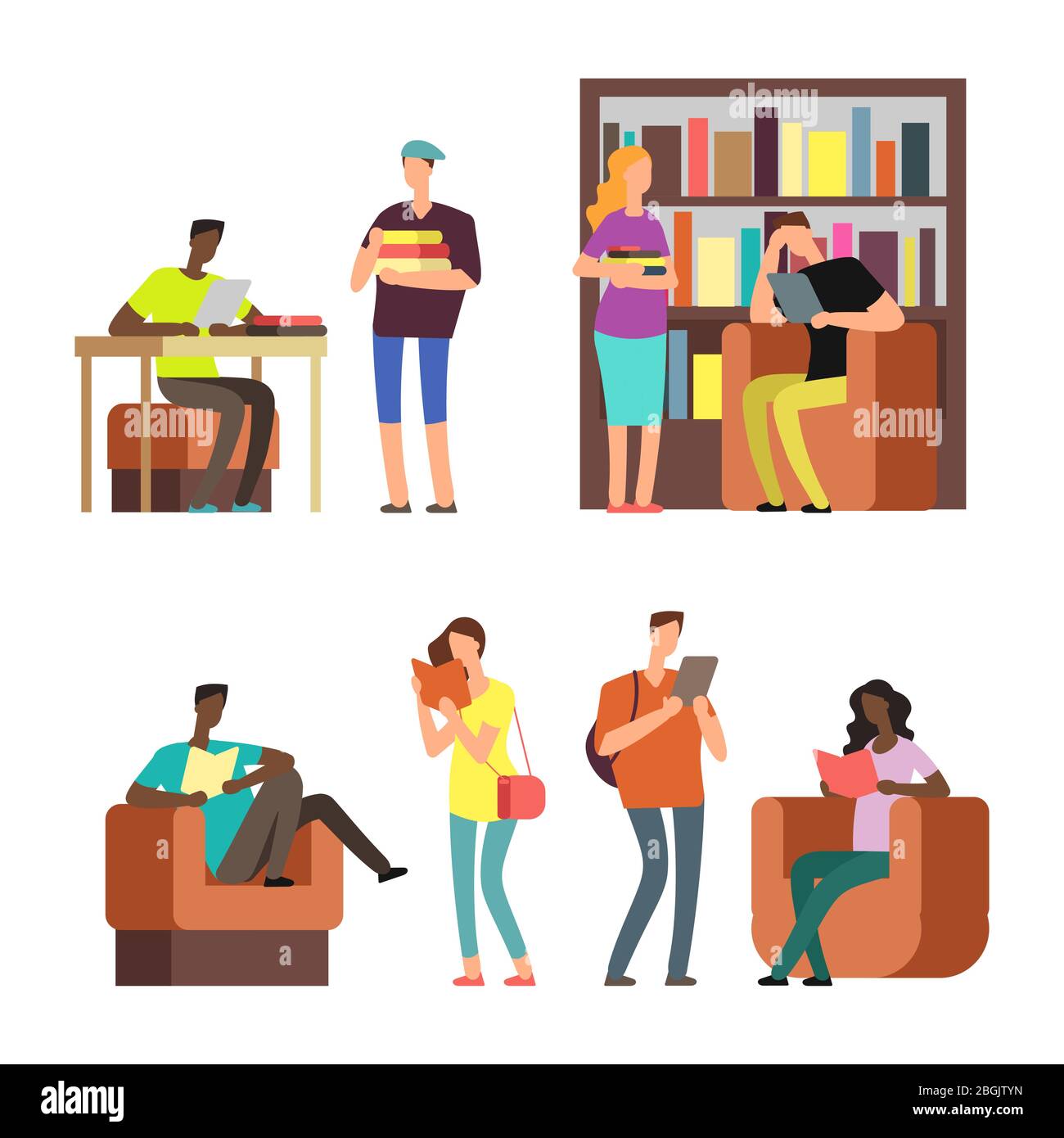 International students reading books and magazines in library or bookstore. Vector illustration Stock Vector