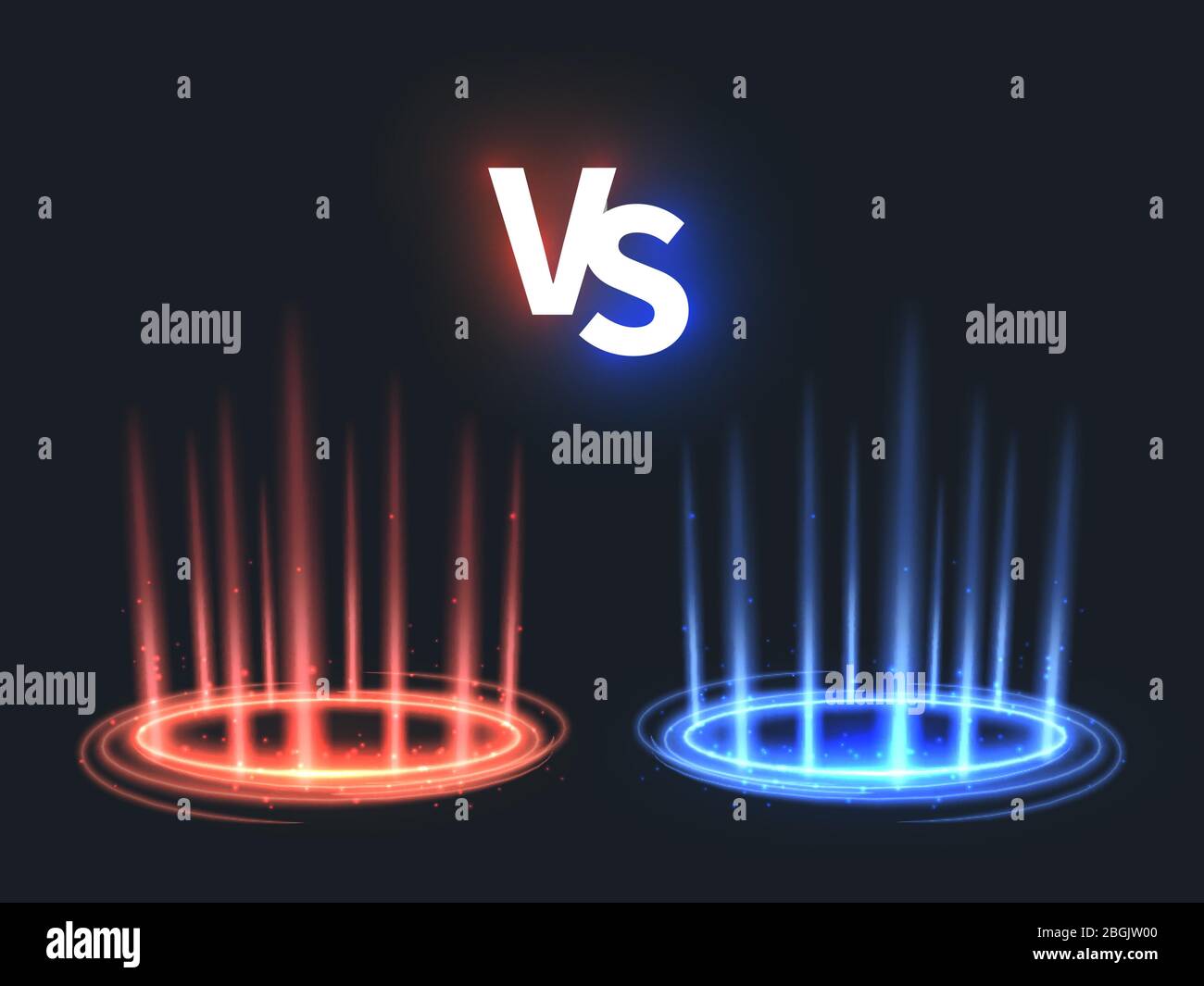 Versus glowing teleport effect on floor. Vs battle scene with rays and sparks. Abstract hologram supernatural vector background. Fight and battle game challenge, competition color vs illustration Stock Vector