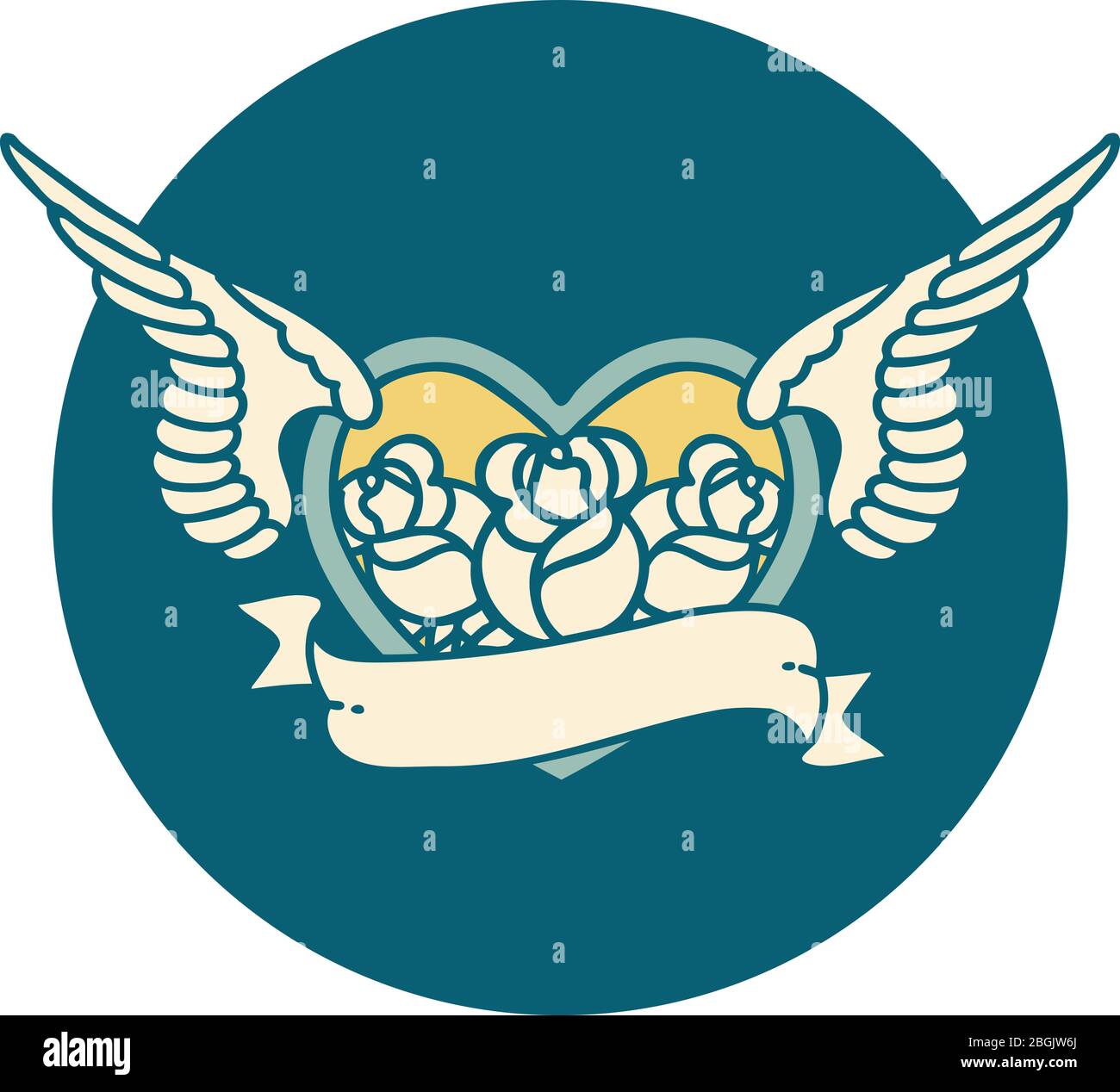iconic tattoo style image of a flying heart with flowers and banner ...