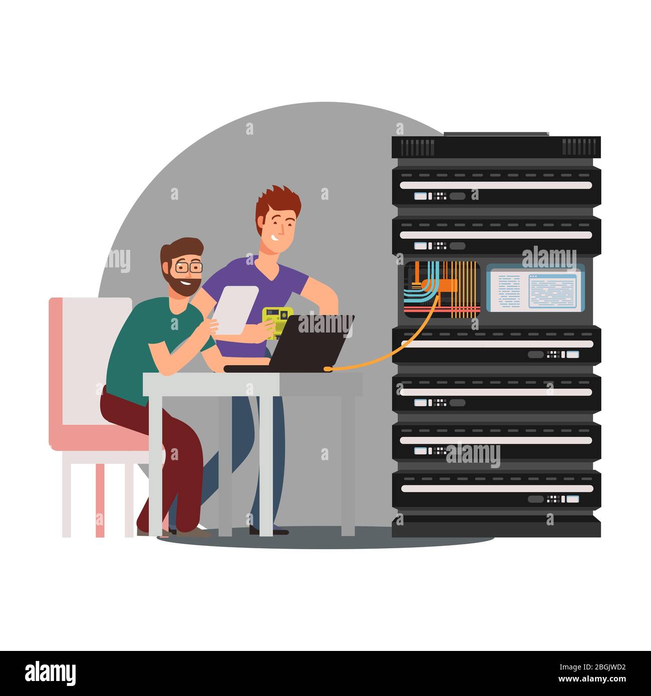 Cartoon characters computer engineers working with server cluster. Vector illustration Stock Vector